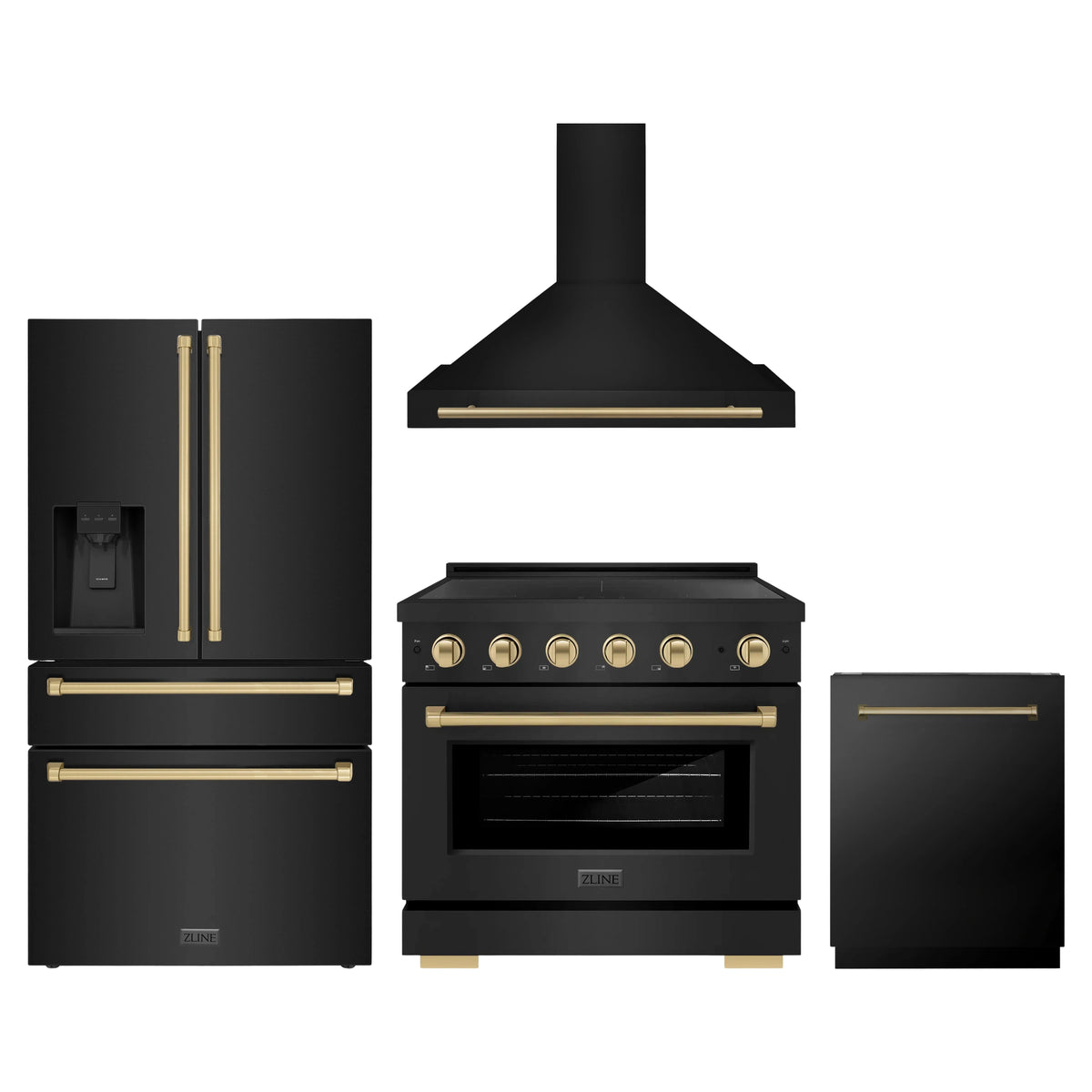 ZLINE 4-Piece Appliance Package - 36-Inch Paramount Induction Range, Wall Mount Range Hood, Refrigerator with Water Dispenser, and Dishwasher in Black Stainless Steel with Champagne Bronze Trim