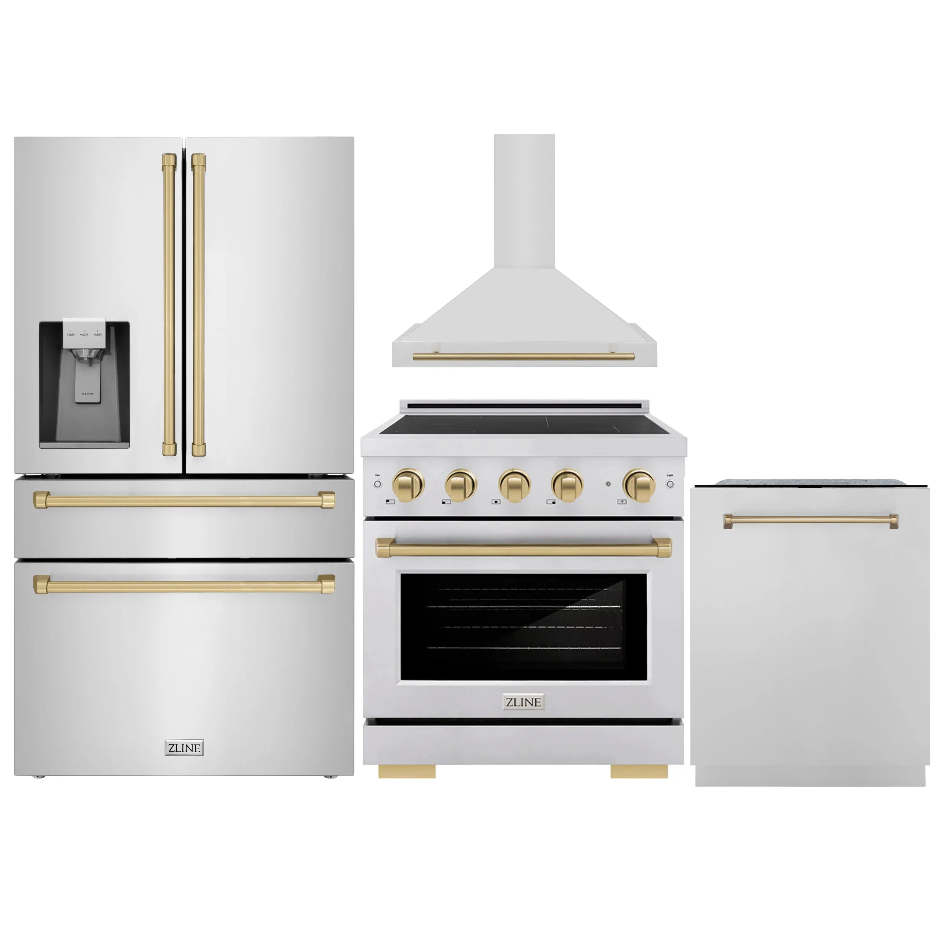 Stainless steel appliance set with champagne bronze accents: hood, range, fridge, dishwasher