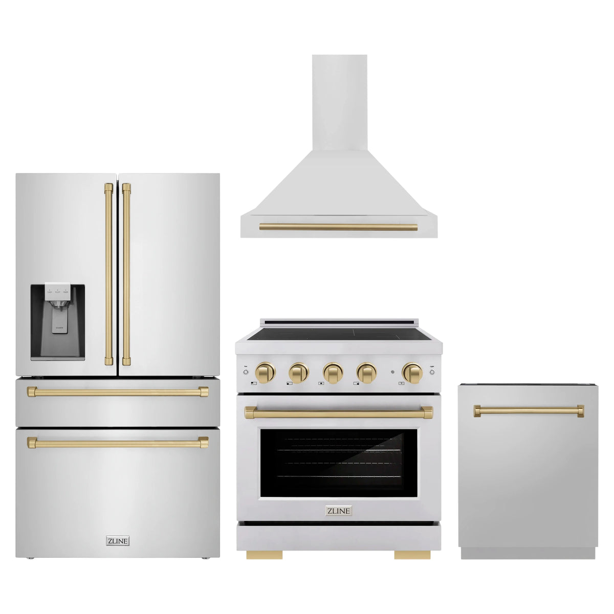 ZLINE 4-Piece Appliance Package - 30-Inch Paramount Induction Range, Wall Mount Range Hood, Refrigerator with Water Dispenser, and Dishwasher in Stainless SFteel with Champagne Bronze Trim