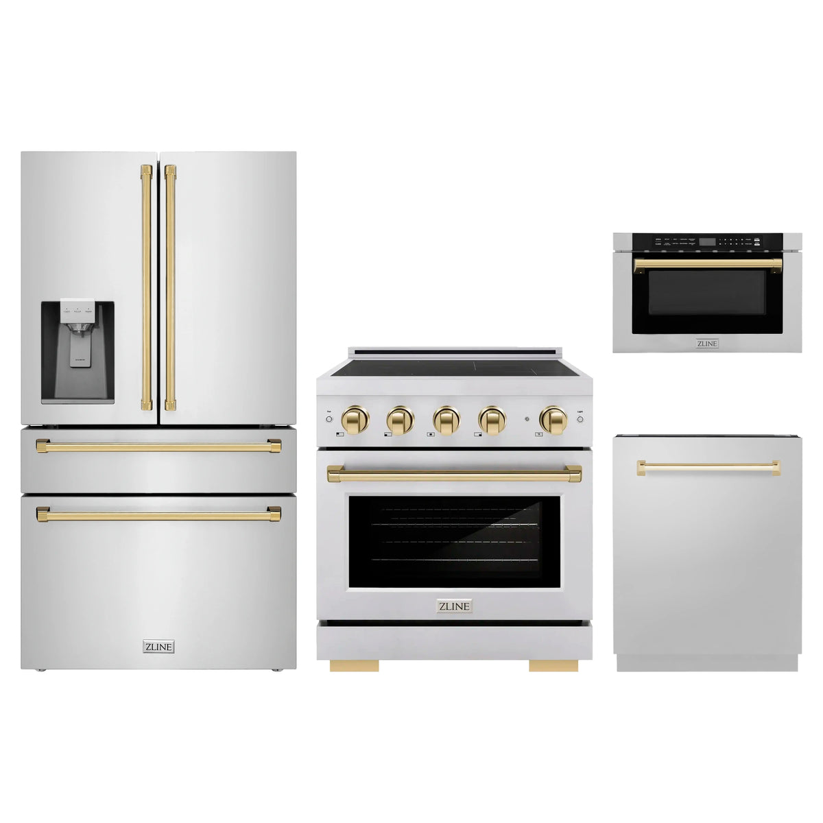 ZLINE 4-Piece Appliance Package - 30-Inch Paramount Induction Range, Refrigerator with Water Dispenser, Dishwasher, and 24-Inch Microwave Drawer in Stainless Steel with Gold Accents