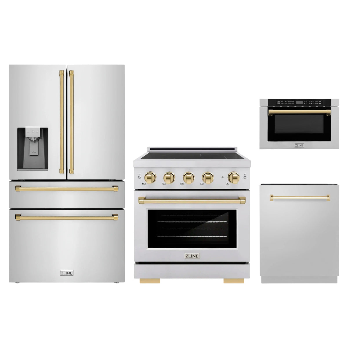 ZLINE 4-Piece Appliance Package - 30-Inch Paramount Induction Range, Refrigerator with Water Dispenser, Dishwasher, and 24-Inch Microwave Drawer in Stainless Steel with Gold Accents