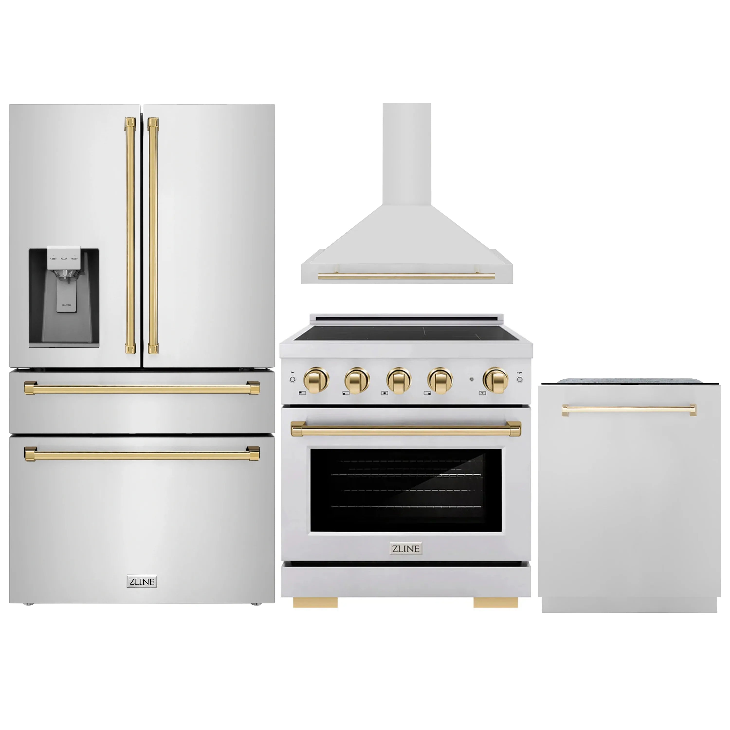 Kitchen appliance set: range, hood, refrigerator, and dishwasher with gold accents