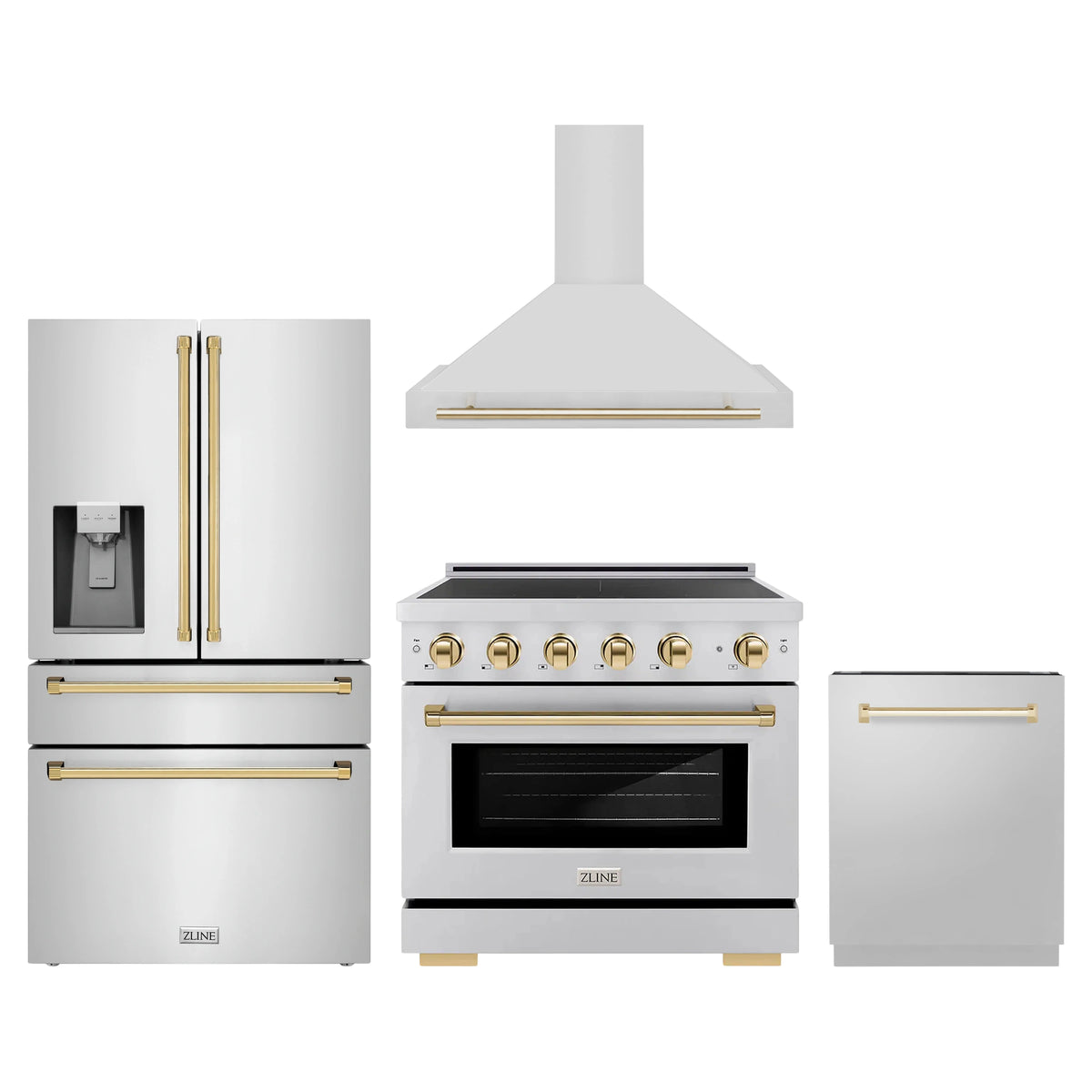 ZLINE 4-Piece Appliance Package - 36-Inch Paramount Induction Range, Wall Mount Range Hood, Refrigerator with Water Dispenser, and Dishwasher in Stainless Steel with Polished Gold Trim