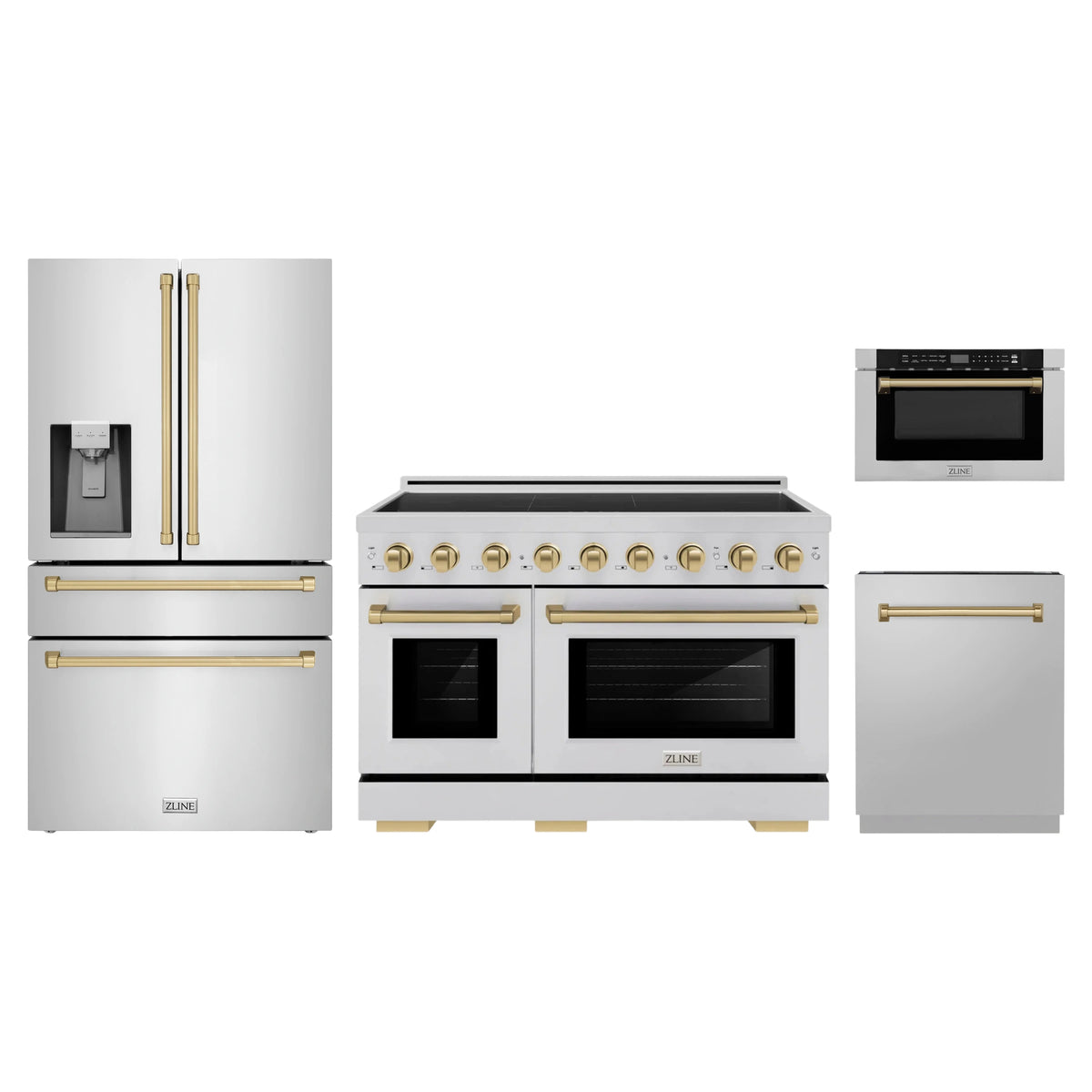 ZLINE 4-Piece Appliance Package - 48-Inch Paramount Induction Range, Refrigerator with Water Dispenser, Dishwasher, and 24-Inch Microwave Drawer in Stainless Steel with Champagne Bronze Accents