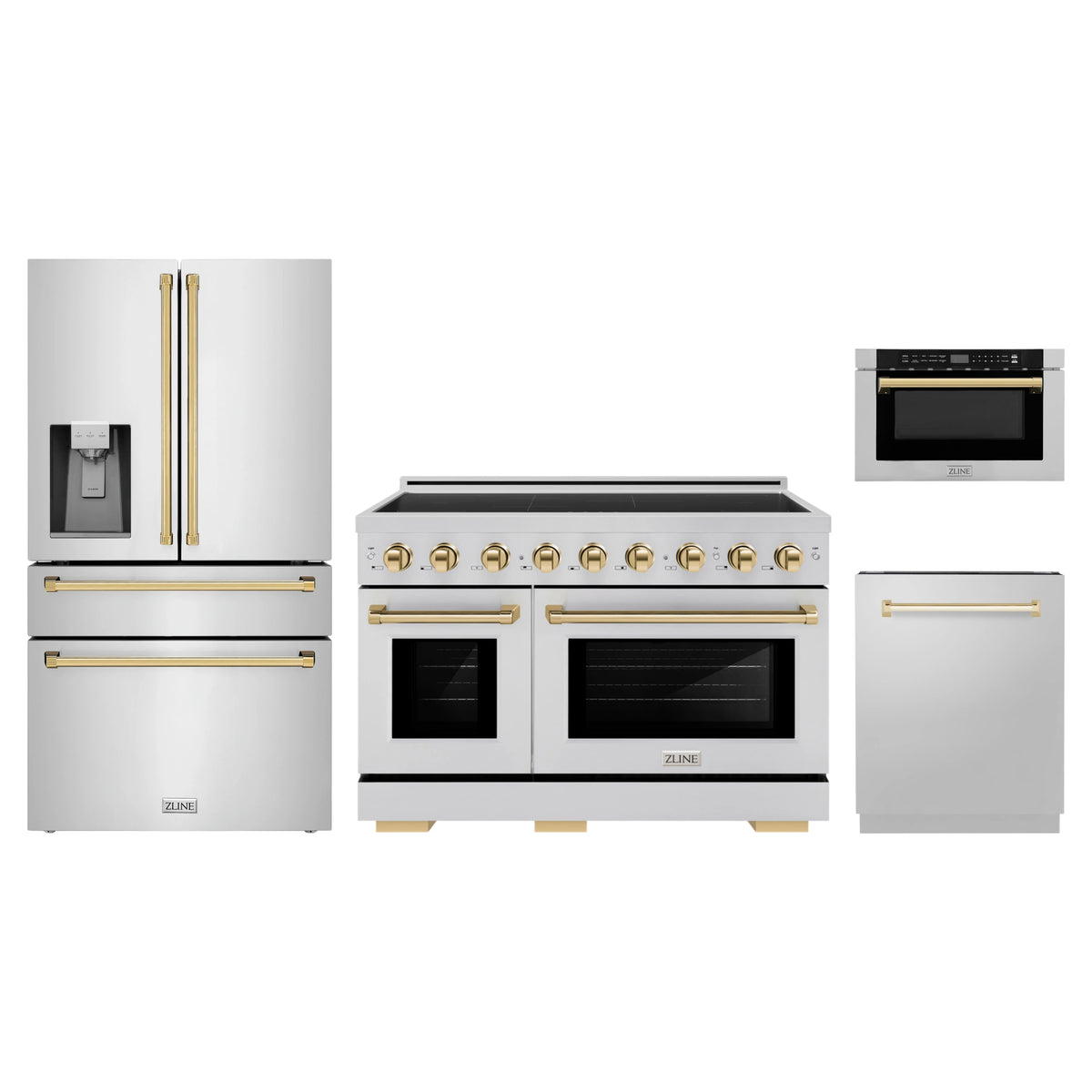 ZLINE 4-Piece Appliance Package - 48-Inch Paramount Induction Range, Refrigerator with Water Dispenser, Dishwasher, and 24-Inch Microwave Drawer in Stainless Steel with Gold Accents