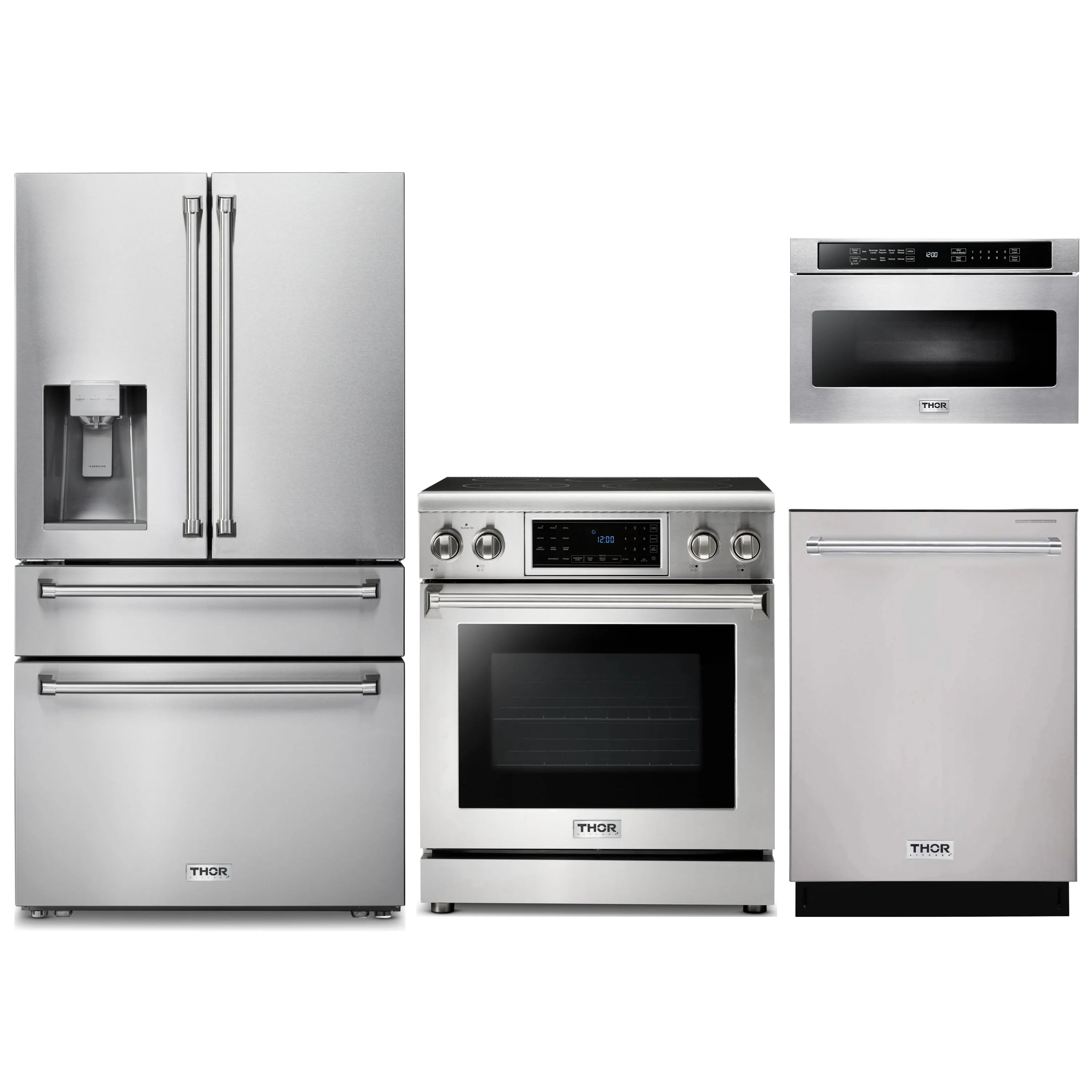 Stainless steel kitchen appliance set with Thor refrigerator, range, dishwasher, microwave drawer