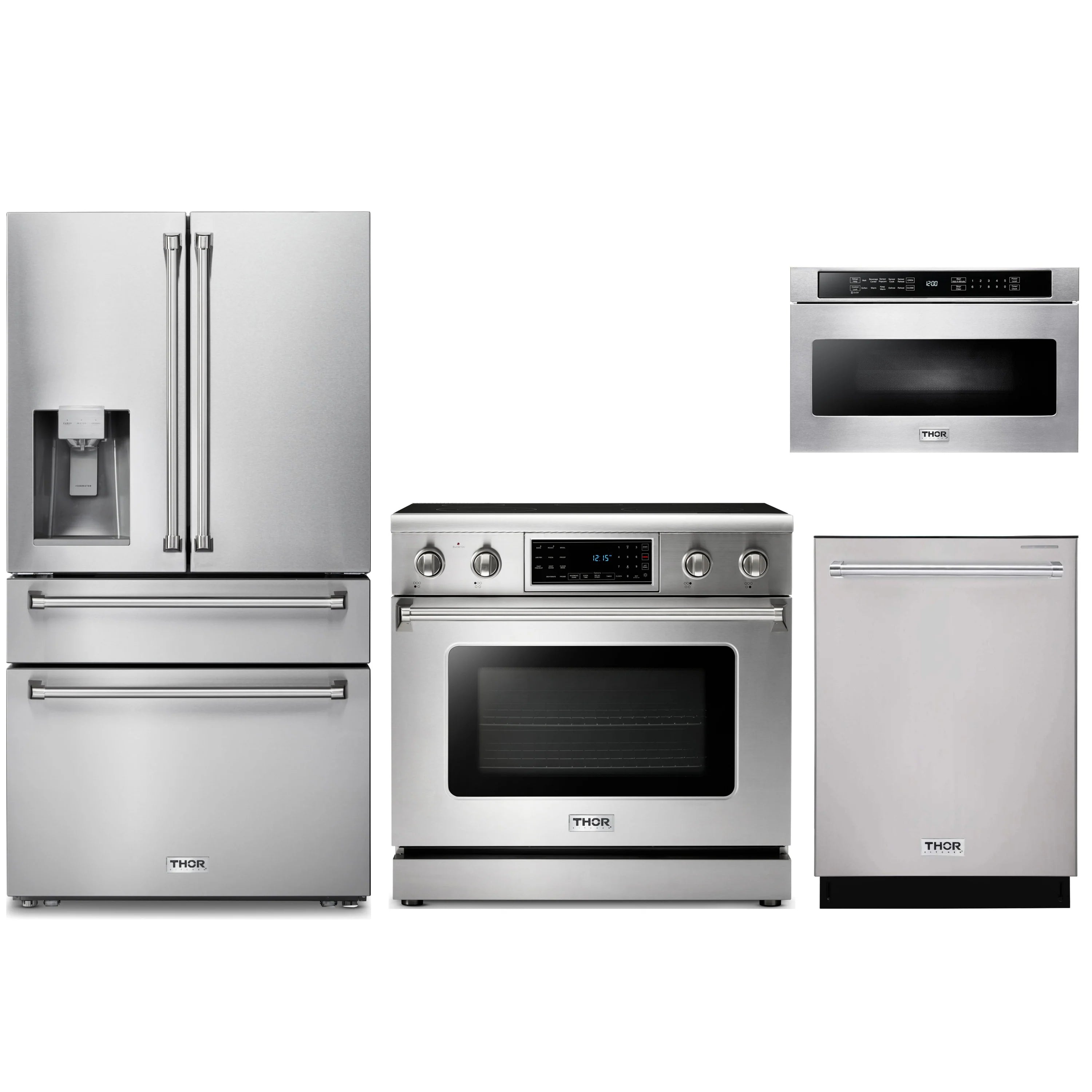 Stainless 4-piece kitchen appliance set: fridge, electric range, dishwasher, microwave drawer