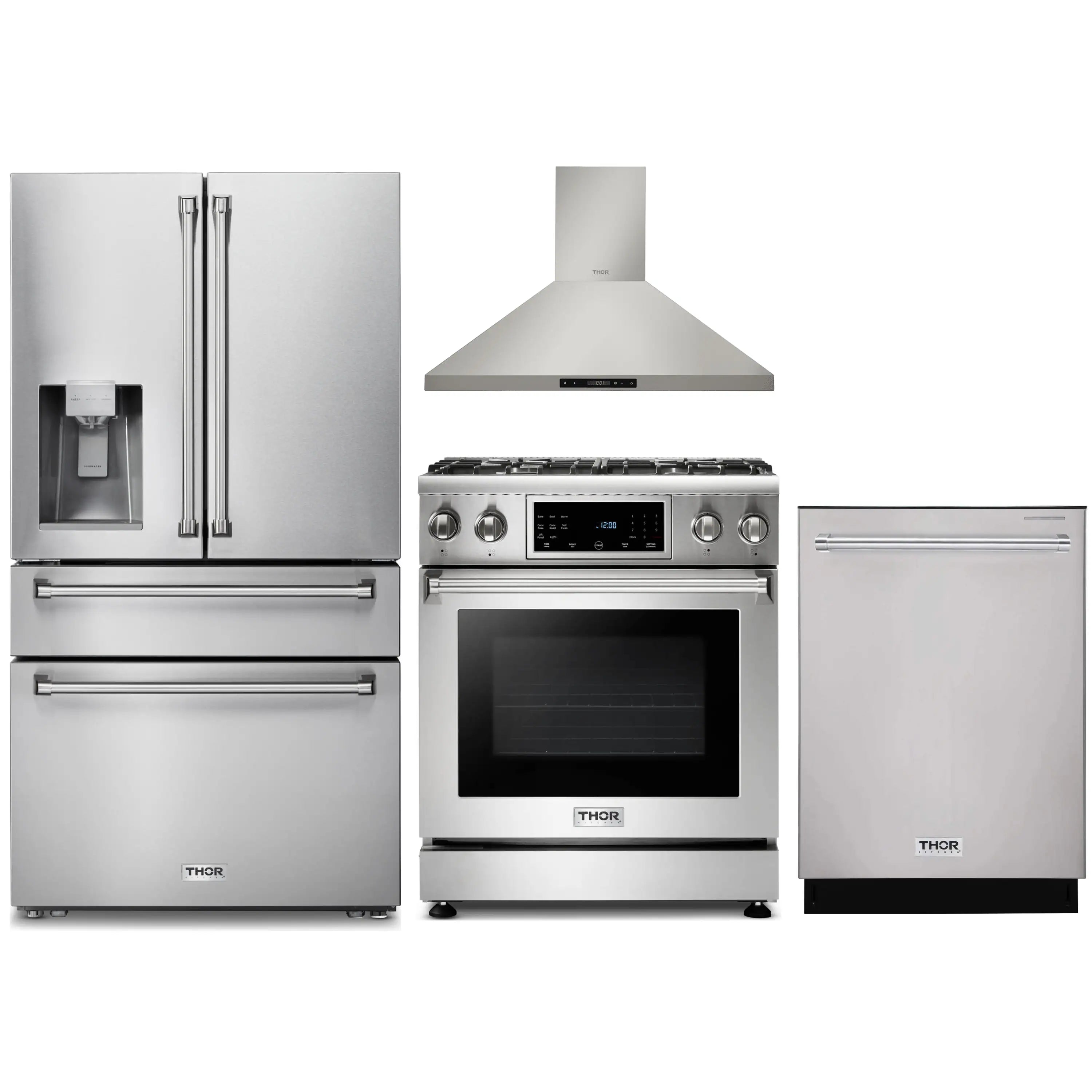 Thor Kitchen stainless steel appliance set: refrigerator, gas range, wall hood, dishwasher