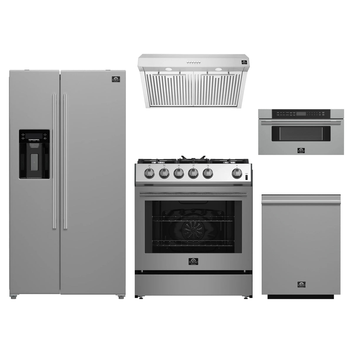 Forno 5-Piece Appliance Package - 30-Inch Gas Range, Under Cabinet Range Hood, Refrigerator wth Water Dispenser, Dishwasher, and 30-Inch Microwave Drawer in Stainless Steel