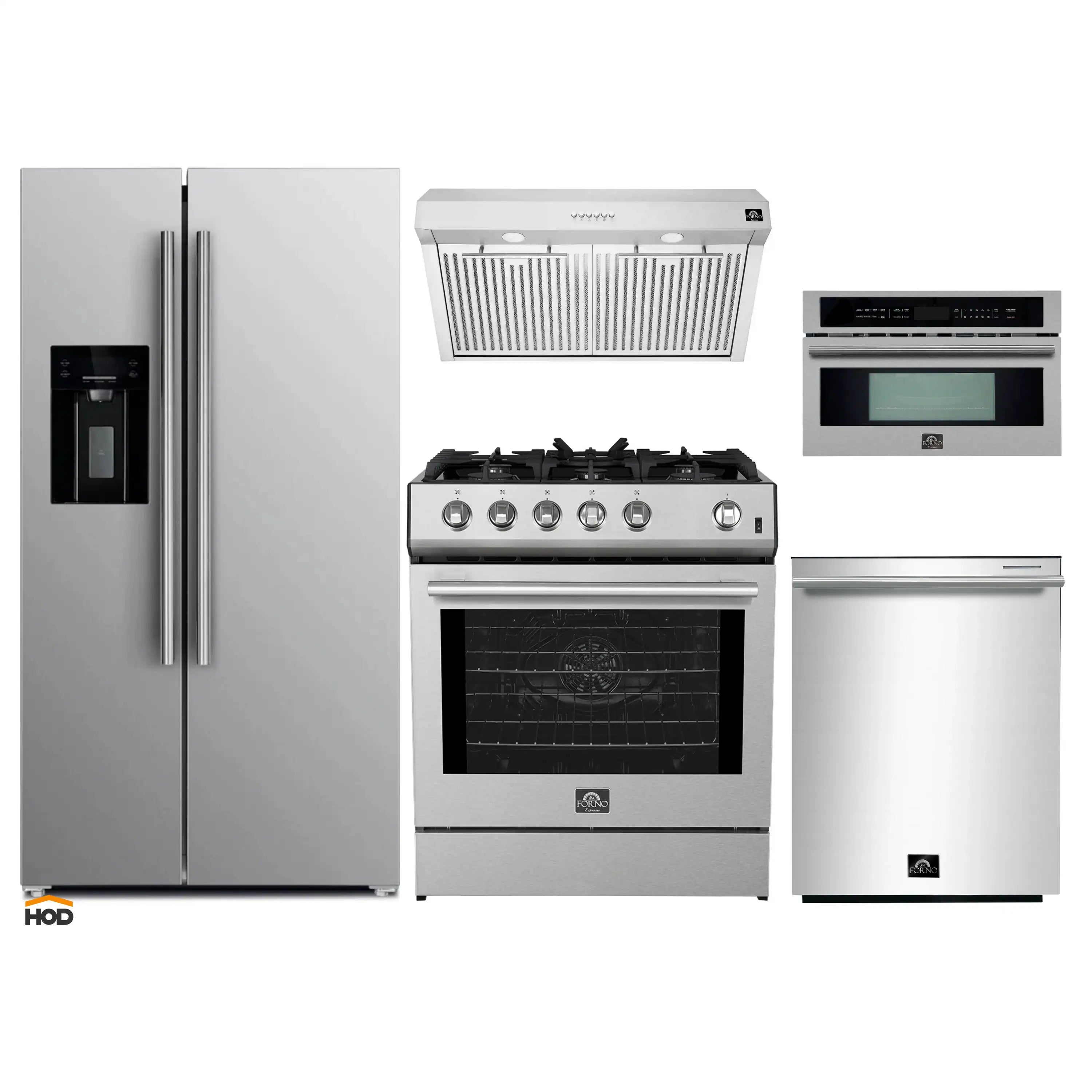 Stainless steel kitchen appliance package with refrigerator, gas range, dishwasher, and microwave