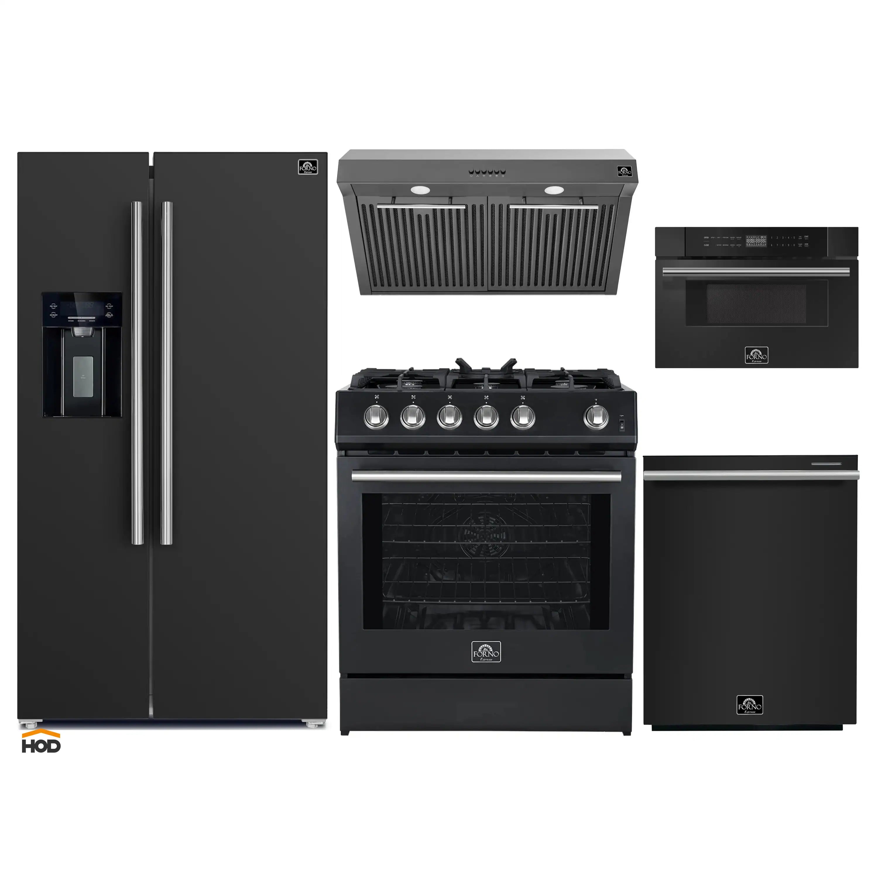 Black appliance set with refrigerator, gas range, range hood, dishwasher, and microwave