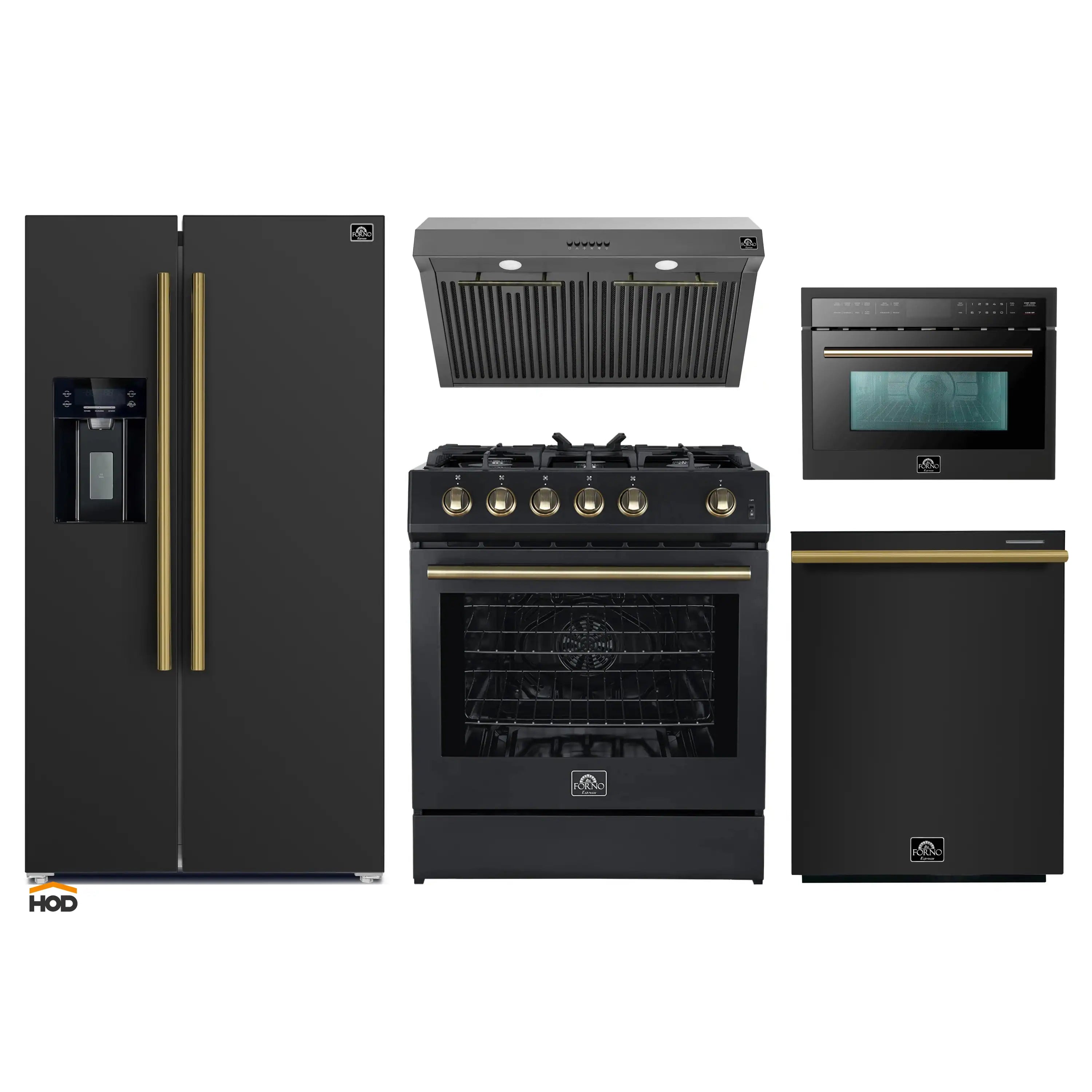Black kitchen appliance set with stainless accents: fridge, range, hood, microwave, dishwasher