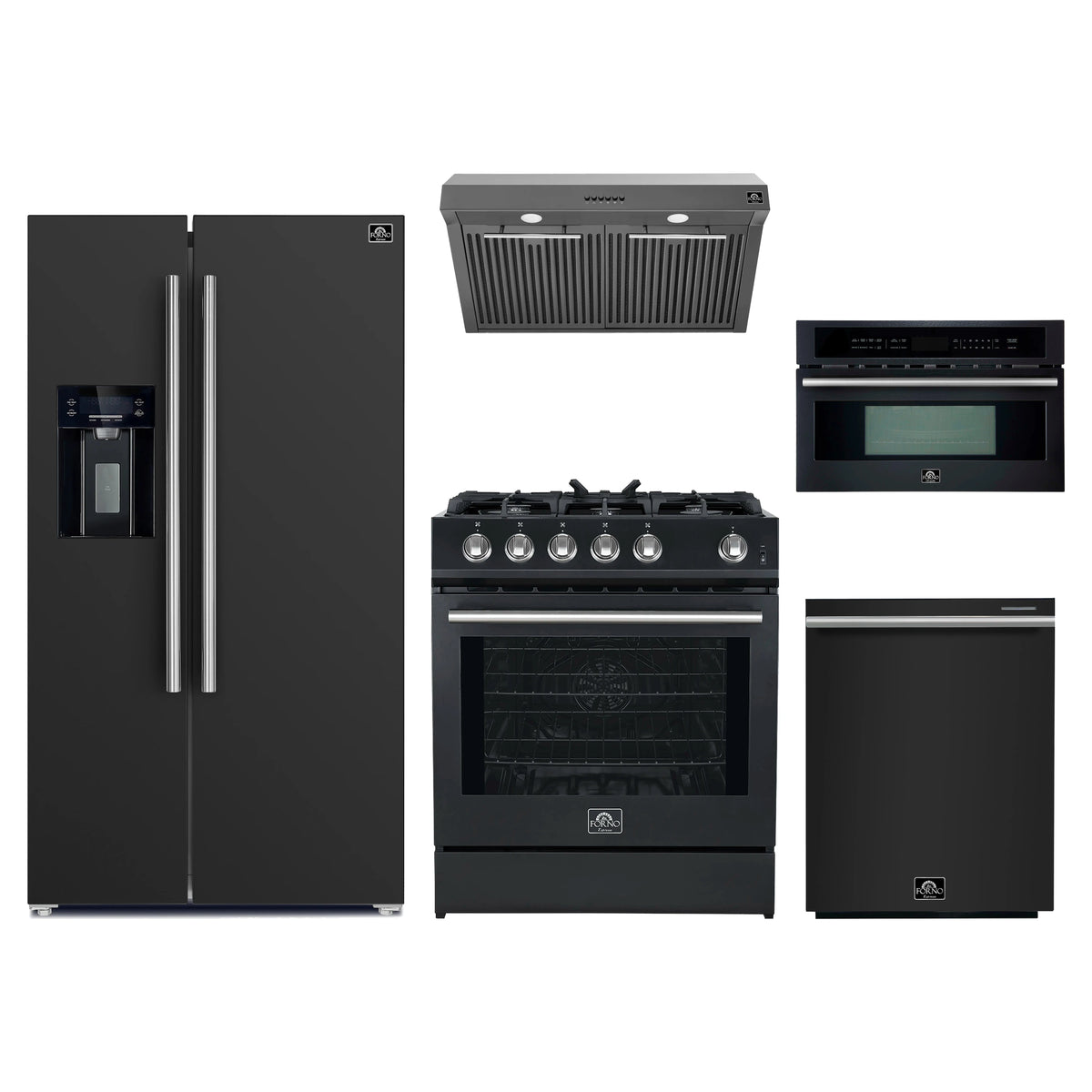 Forno 5-Piece Appliance Package - 30-Inch Gas Range, Under Cabinet Range Hood, Refrigerator with Water Dispenser, Dishwasher, and 30-Inch Microwave Oven in Black with Stainless Steel Trim