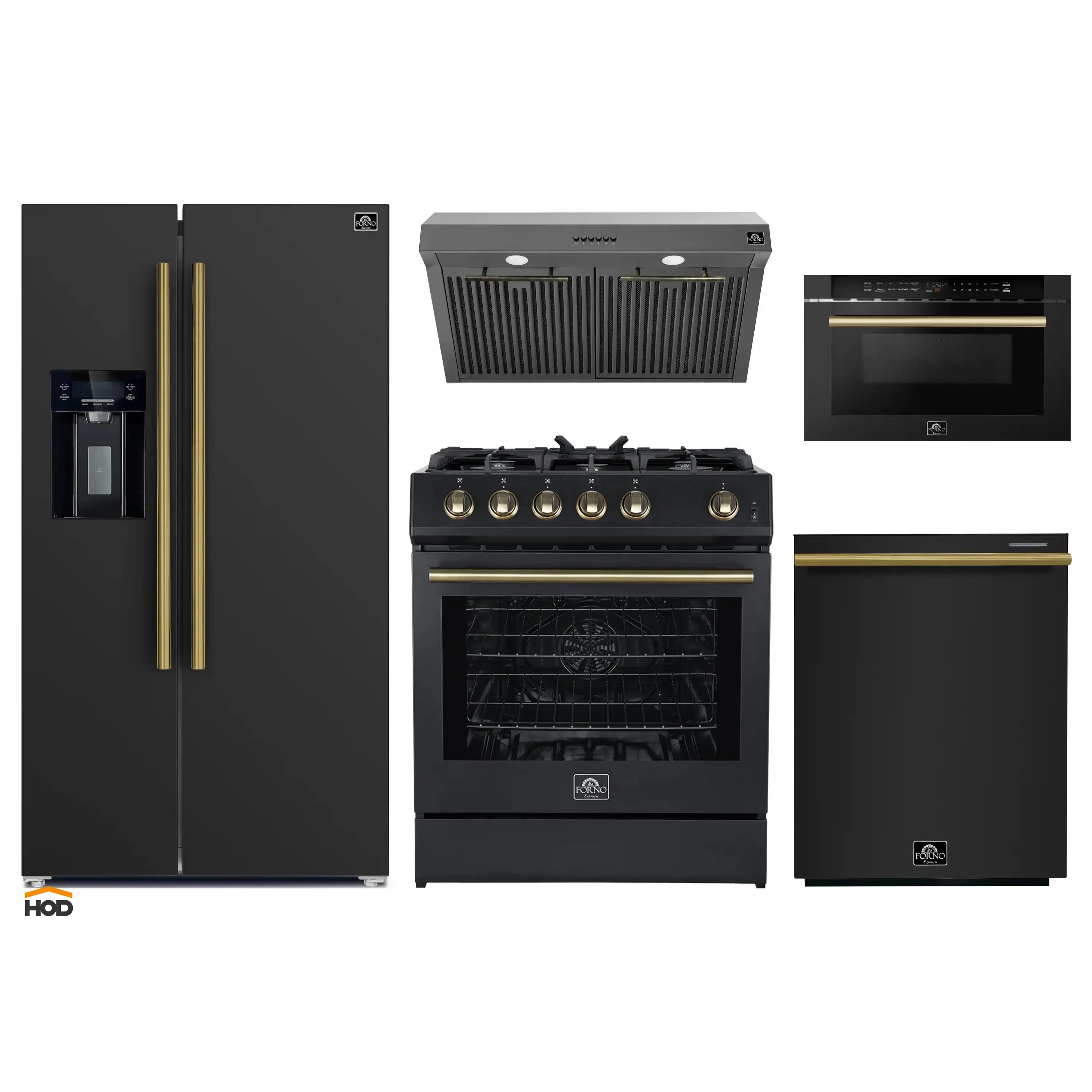 Black appliance package with antique brass trim: refrigerator, gas range, range hood, dishwasher