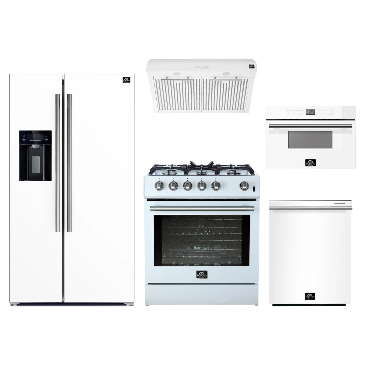 Forno 5-Piece Appliance Package - 30-Inch Gas Range, Under Cabinet Range Hood, Refrigerator wth Water Dspenser, Dishwasher, and 30-Inch Microwave Drawer in White with Stainless Steel Trim