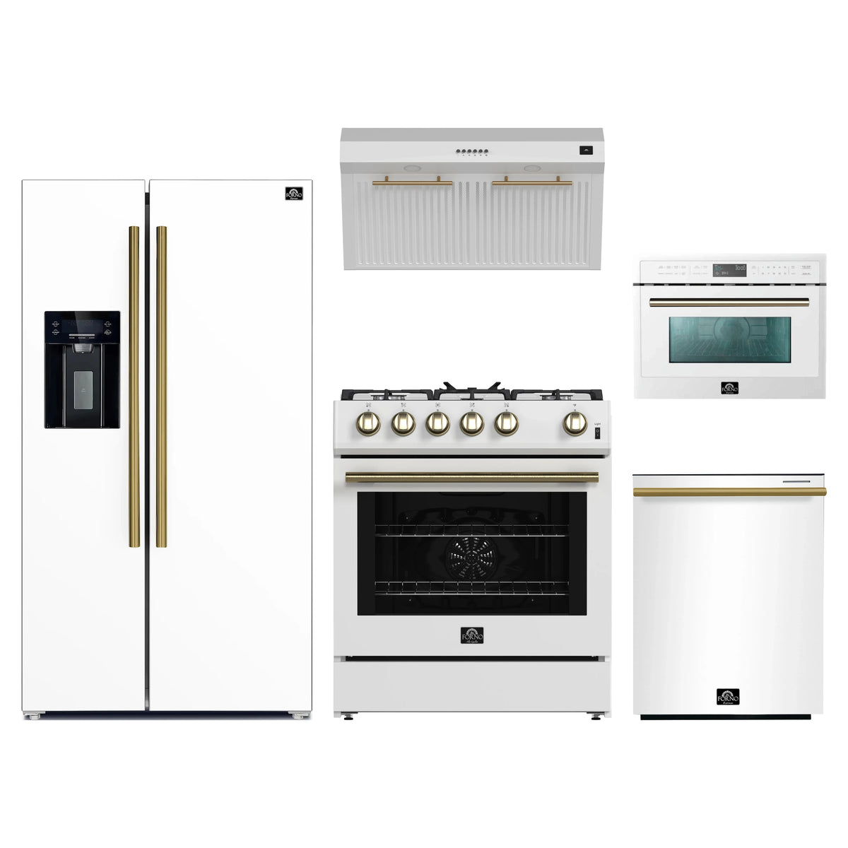 Forno 5-Piece Appliance Package - 30-Inch Gas Range, Under Cabinet Range Hood, Refrigerator with Water Dispenser, Dishwasher, and 24-Inch Microwave Oven in White with Antique Brass Trim