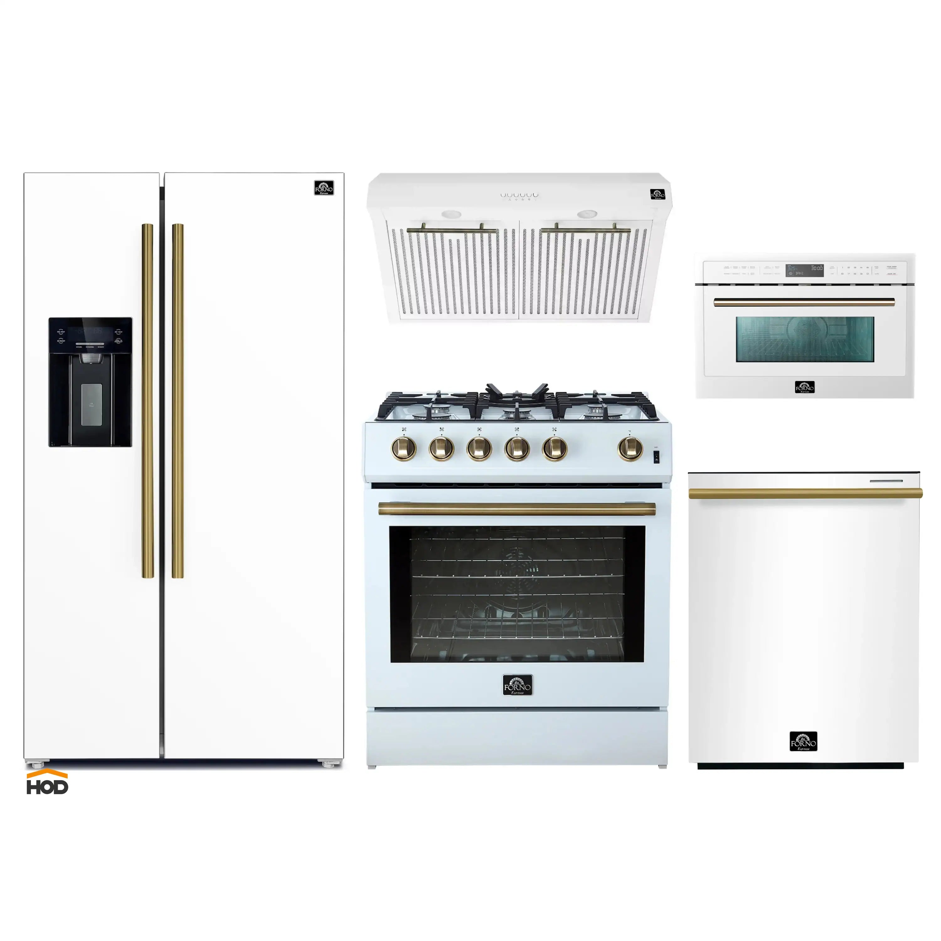 5-piece white appliance package with antique brass trim: refrigerator, range, hood, microwave, dishwasher