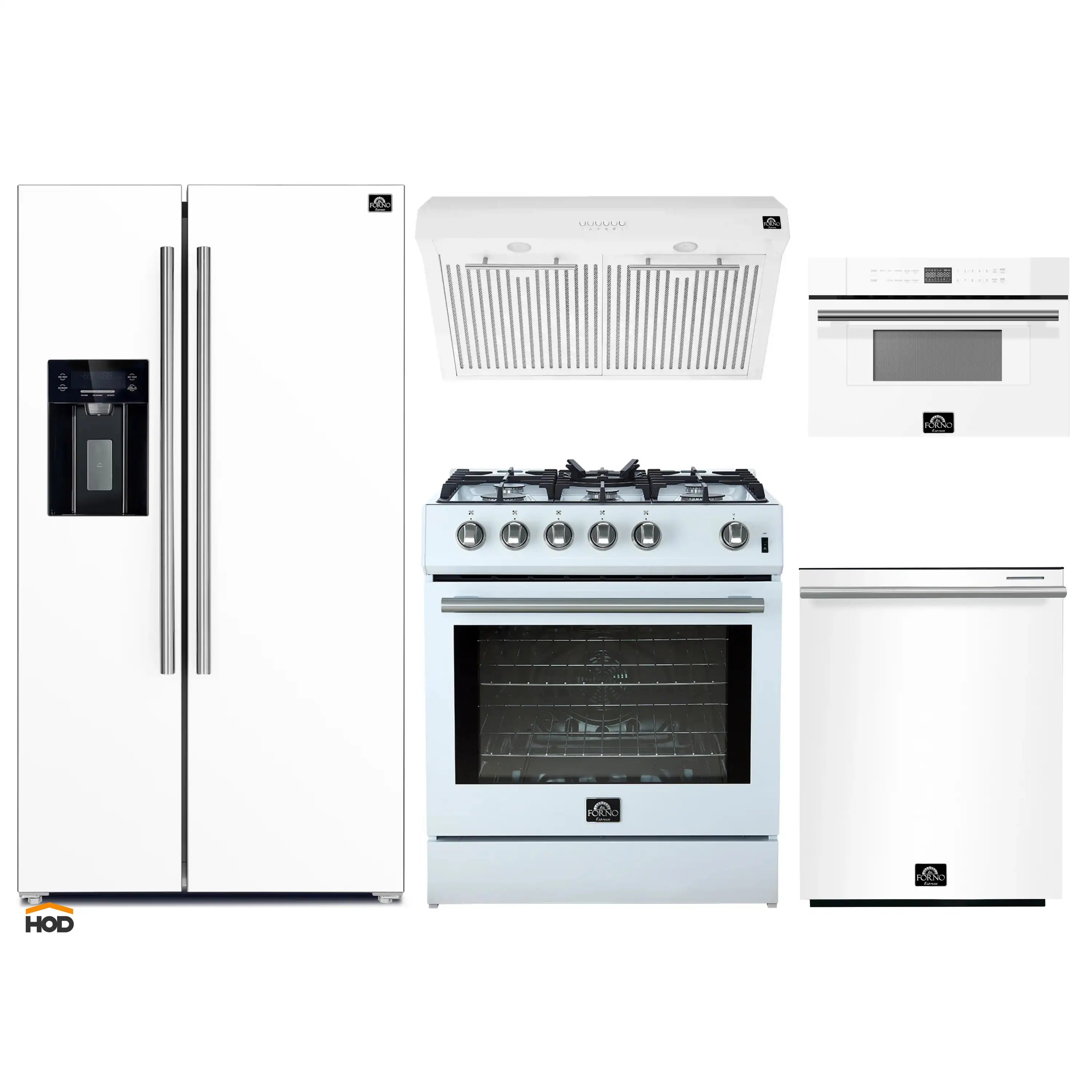 White kitchen appliance package with refrigerator, gas range, microwave, and range hood