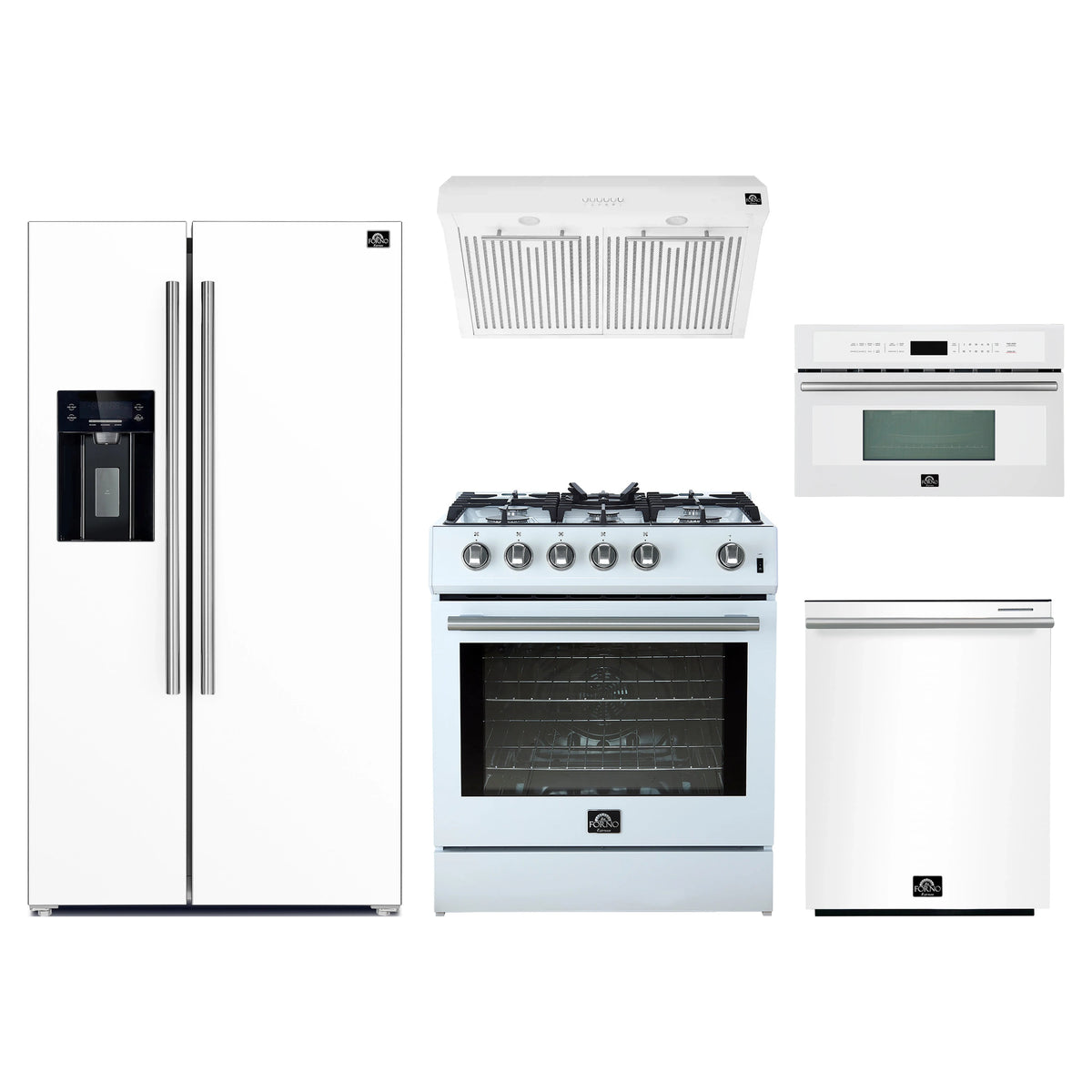 Forno 5-Piece Appliance Package - 30-Inch Gas Range, Under Cabinet Range Hood, Refrigerator with Water Dispenser, Dishwasher, and 30-Inch Microwave Oven in White with Stainless Steel Trim