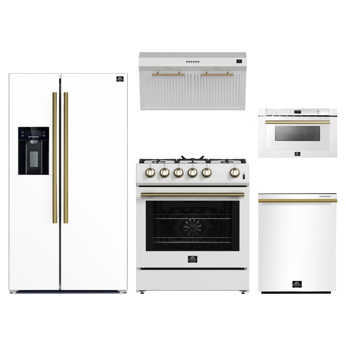 Forno 5-Piece Appliance Package - 30-Inch Gas Range, Under Cabinet Range Hood, Refrigerator with Water Dispenser, Dishwasher, and Microwave Drawer in White with Antique Brass Trim