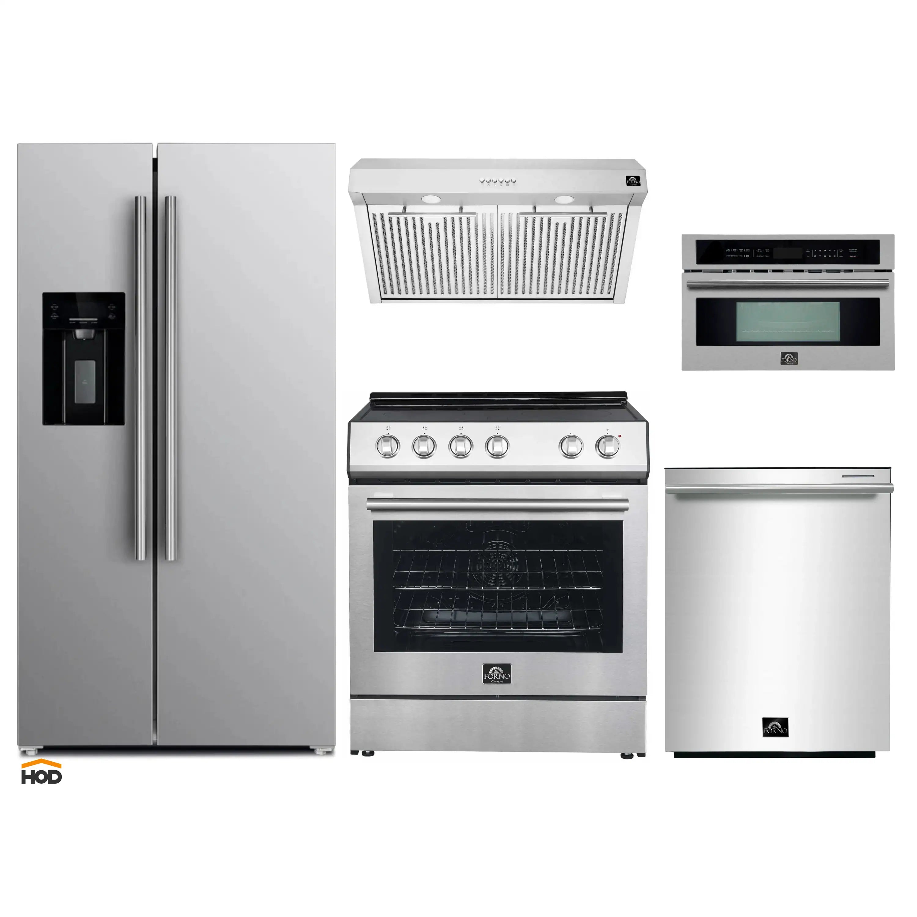 Stainless steel appliance set with electric range, hood, microwave drawer, fridge, and dishwasher