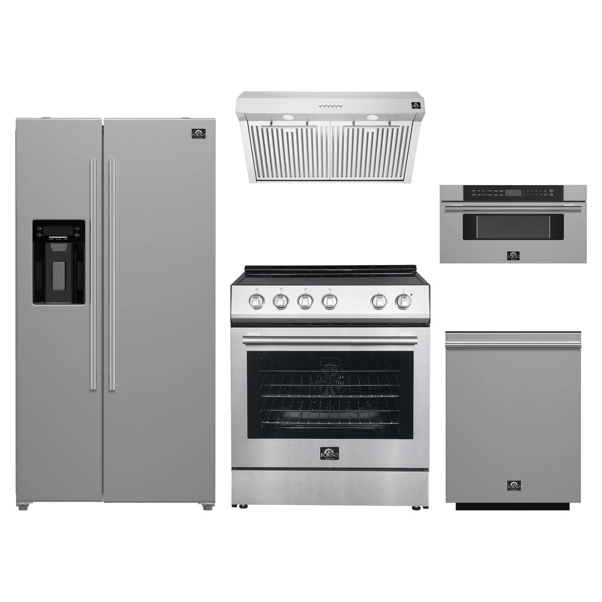 Forno 5-Piece Appliance Package - 30-Inch Electric Range, Under Cabinet Range Hood, Refrigerator with Water Dispenser, Dishwasher, and 30-Inch Microwave Drawer in Stainless Steel