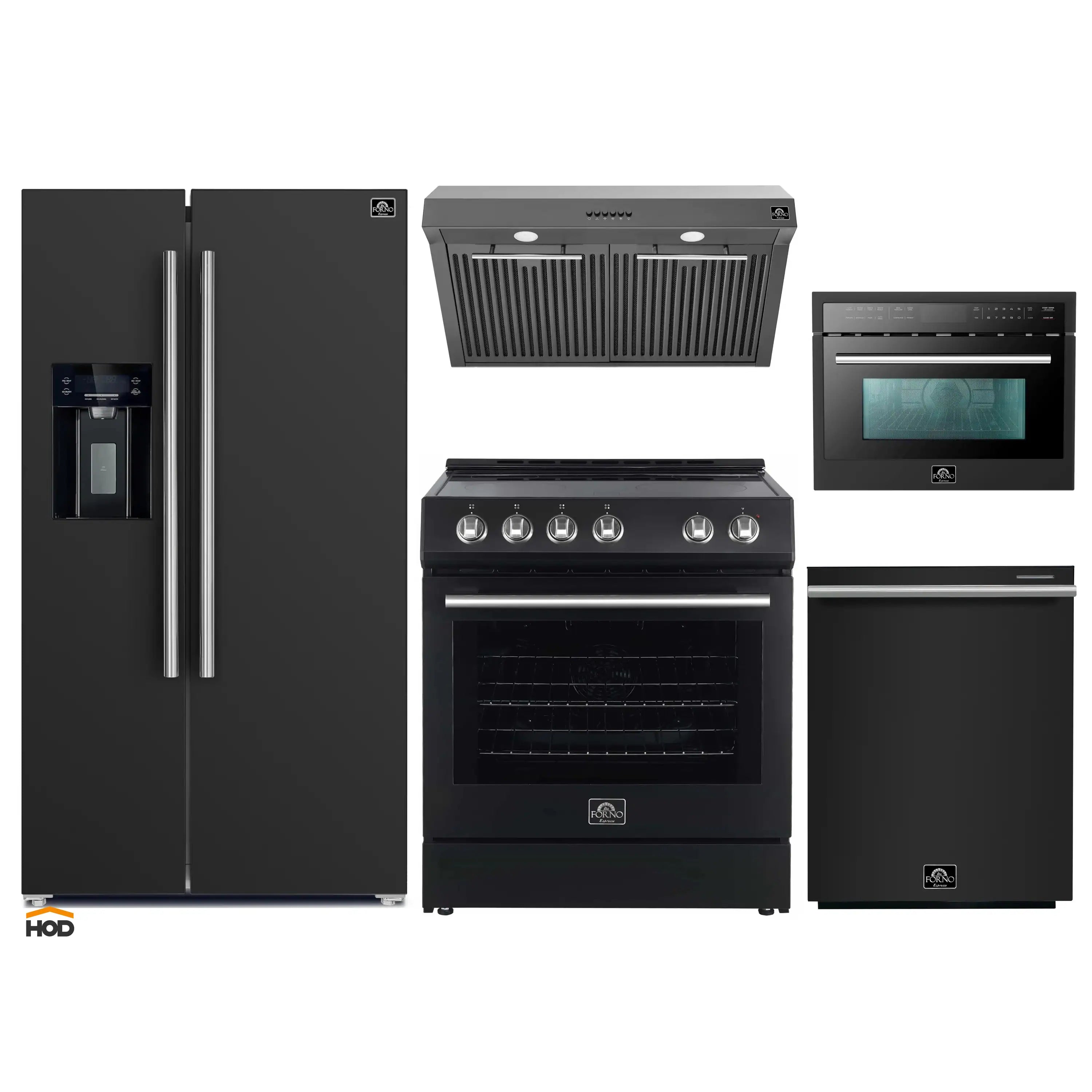 Black stainless appliance package with refrigerator, range, hood, microwave, and dishwasher