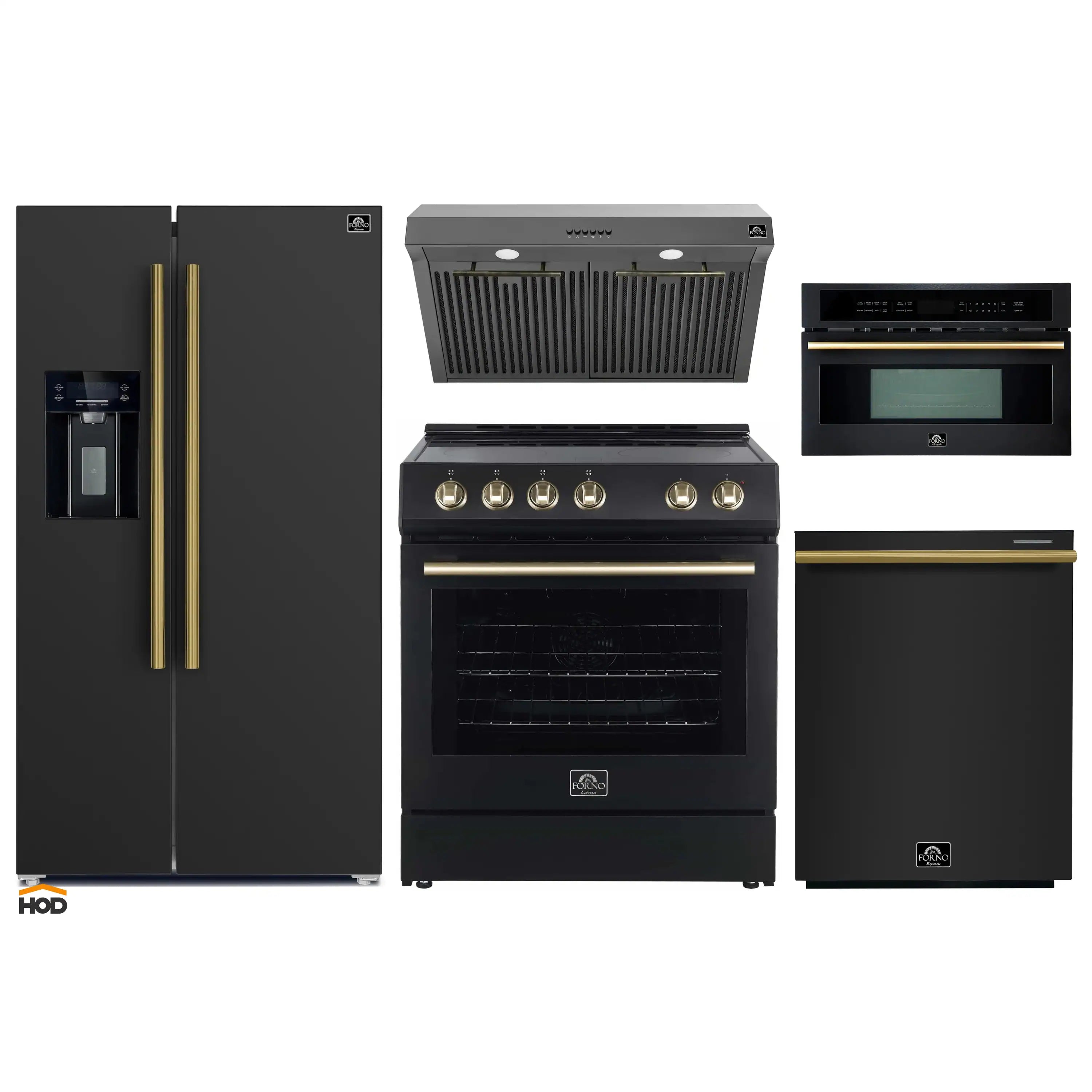 Black 5-piece appliance set with antique brass trim: range, hood, microwave, fridge, dishwasher
