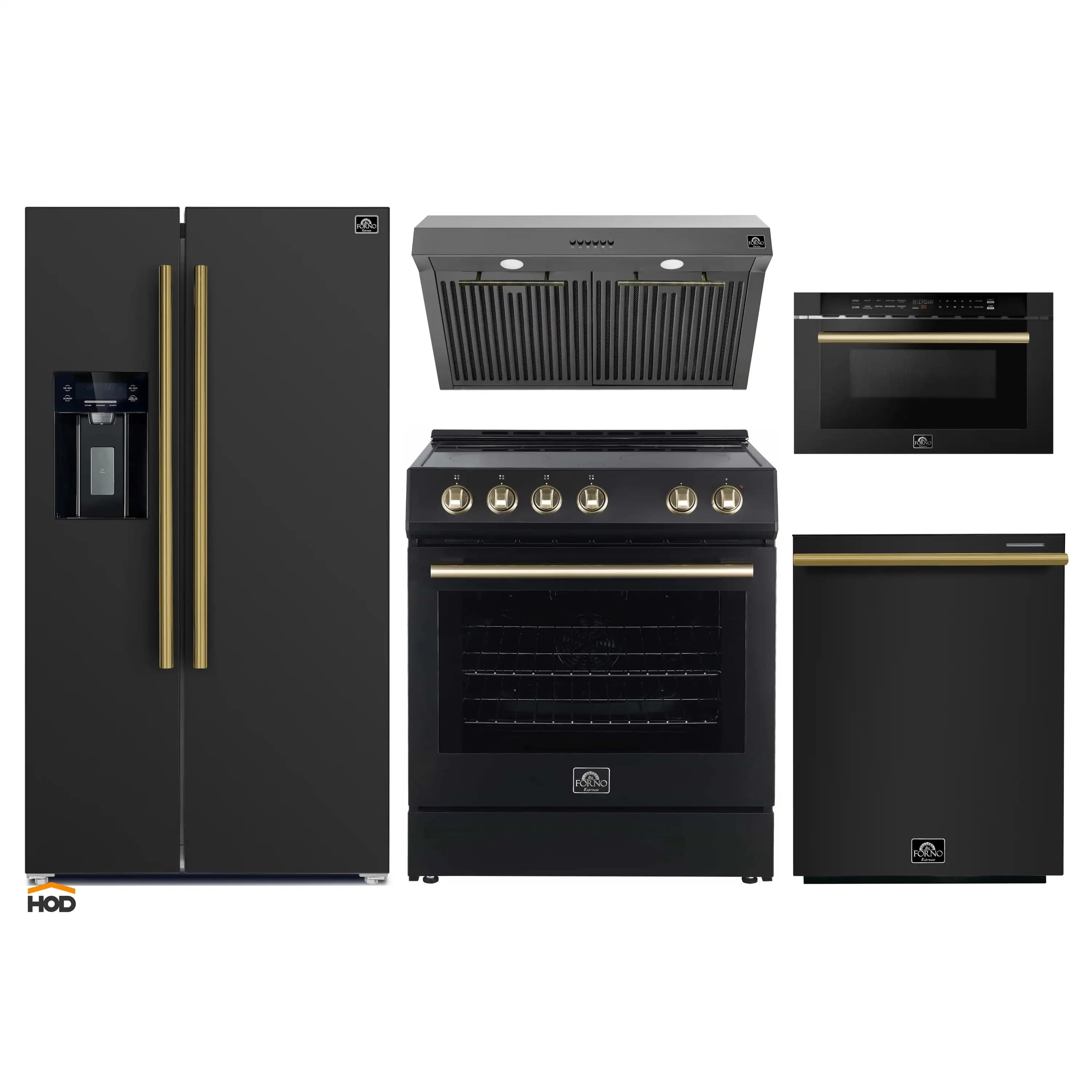 Black kitchen appliance set with refrigerator, range, hood, dishwasher, and microwave drawer
