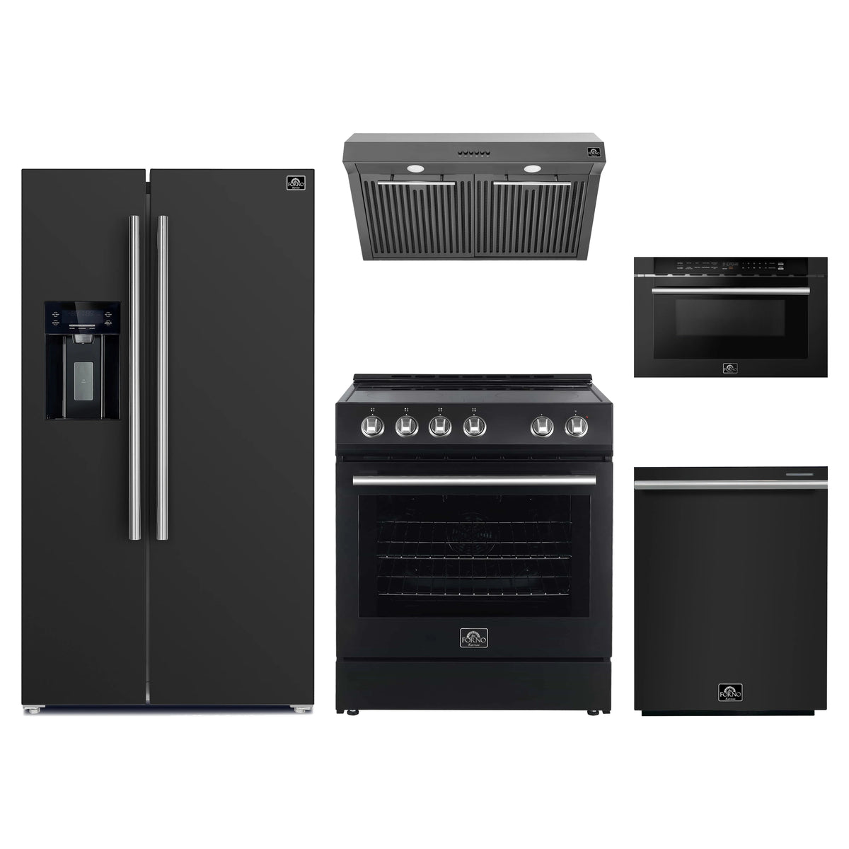 Forno 5-Piece Appliance Package - 30-Inch Electric Range, Under Cabinet Range Hood, Refrigerator with Water Dispenser, Dishwasher, and Microwave Drawer in Black with Stainless Steel Trim