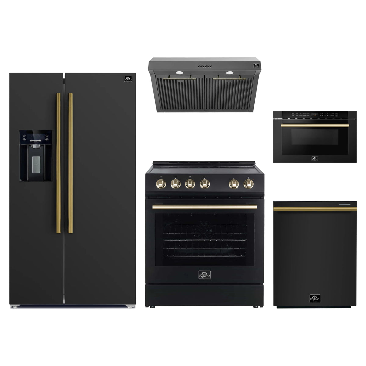 Forno 5-Piece Appliance Package - 30-Inch Electric Range, Under Cabinet Range Hood, Refrigerator with Water Dispenser, Dishwasher, and Microwave Drawer in Black with Antique Brass Trim
