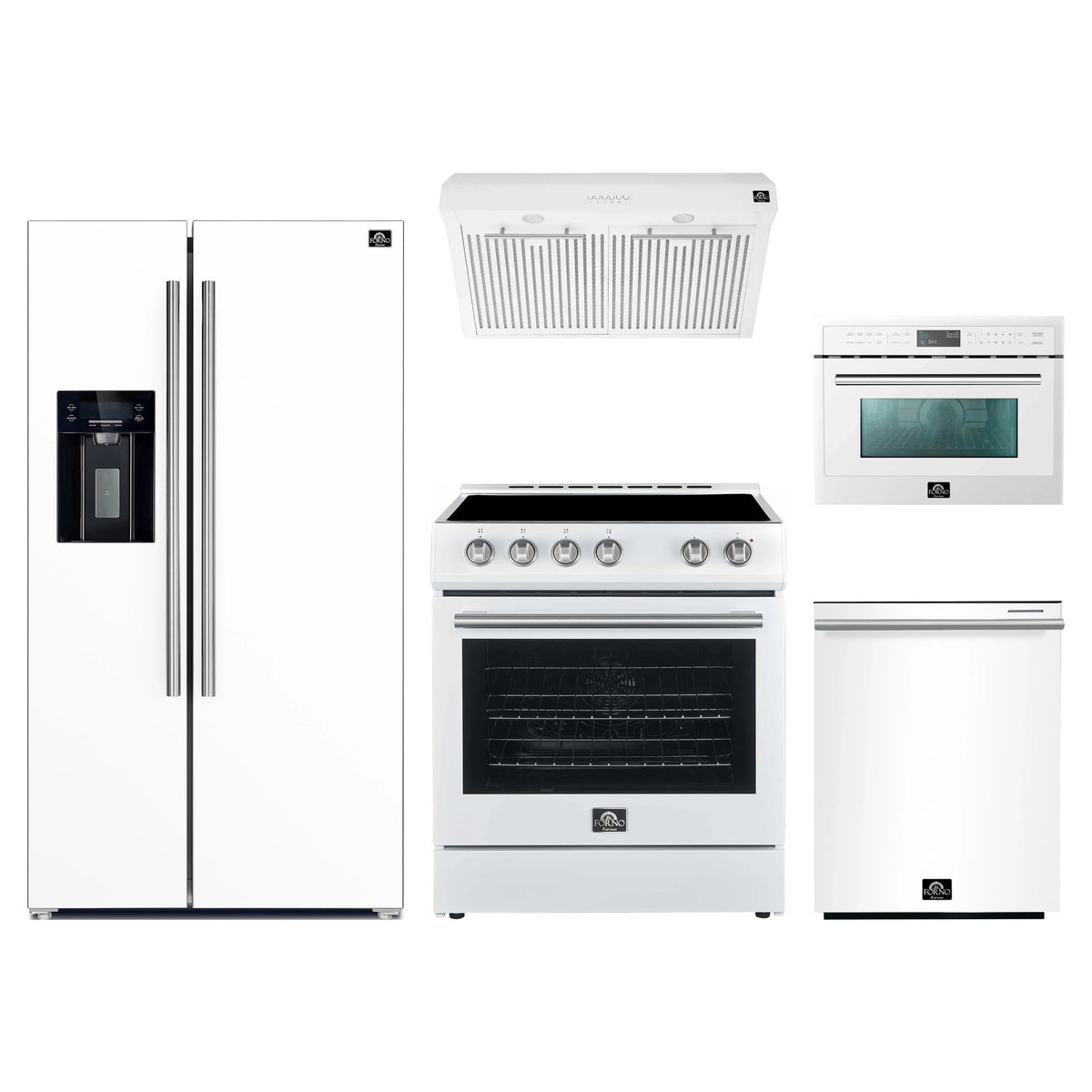 Forno 5-Piece Appliance Package - 30-Inch Electric Range, Under Cabinet Range Hood, Refrigerator with Water Dispenser, Dishwasher, and 24-Inch Microwave Oven in White with Stainless Steel Trim