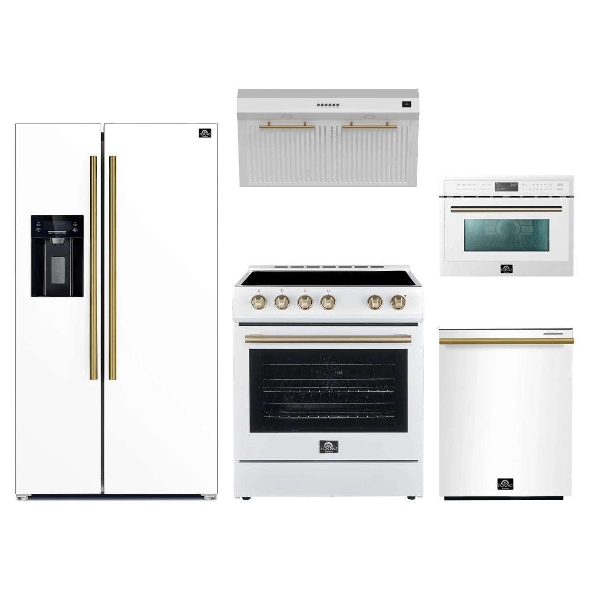 Forno 5-Piece Appliance Package - 30-Inch Electric Range, Under Cabinet Range Hood, Refrigerator with Water Dispenser, Dishwasher, and 24-Inch Microwave Oven in White with Antique Brass Trim