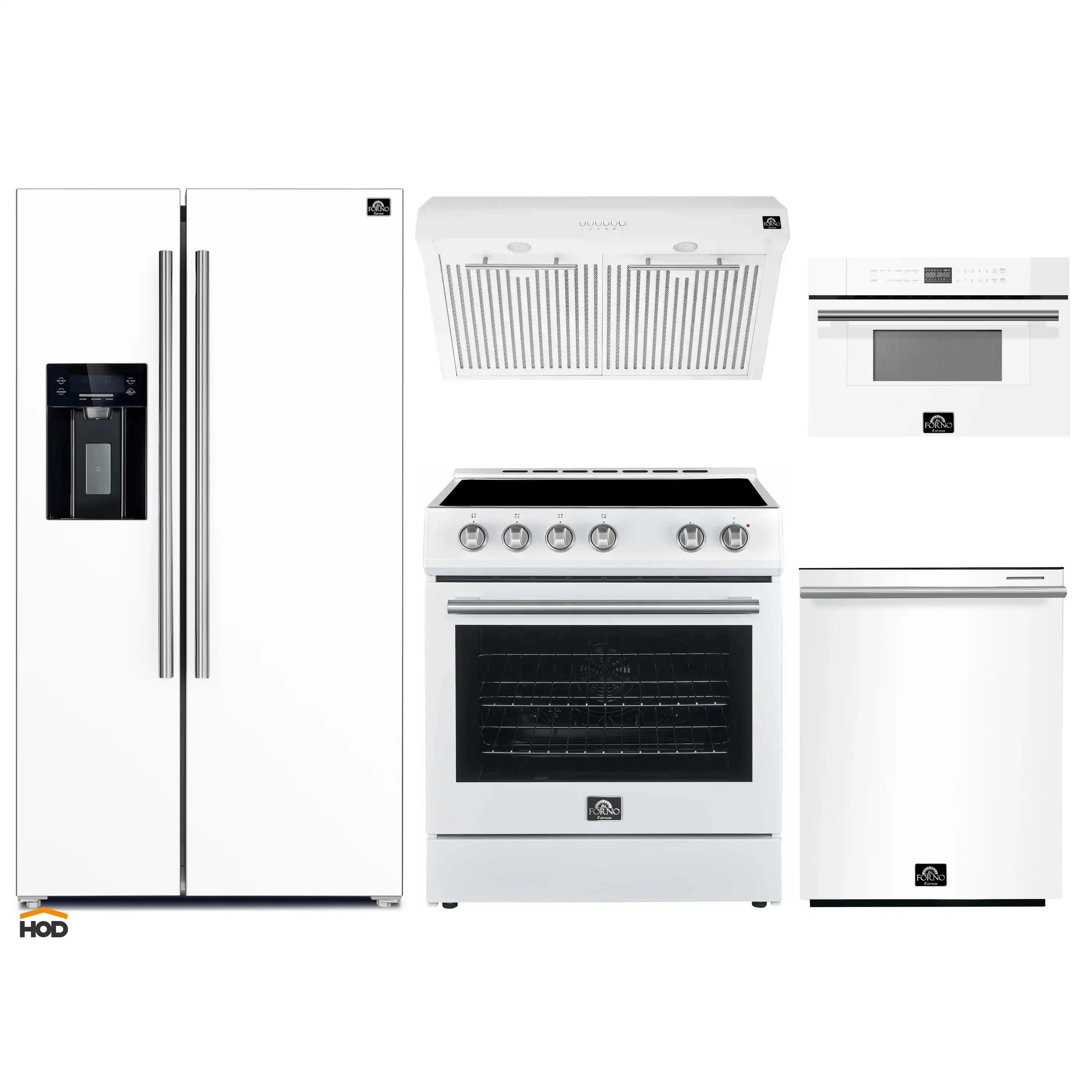 5-piece white appliance set with stainless trim: refrigerator, range, microwave, hood