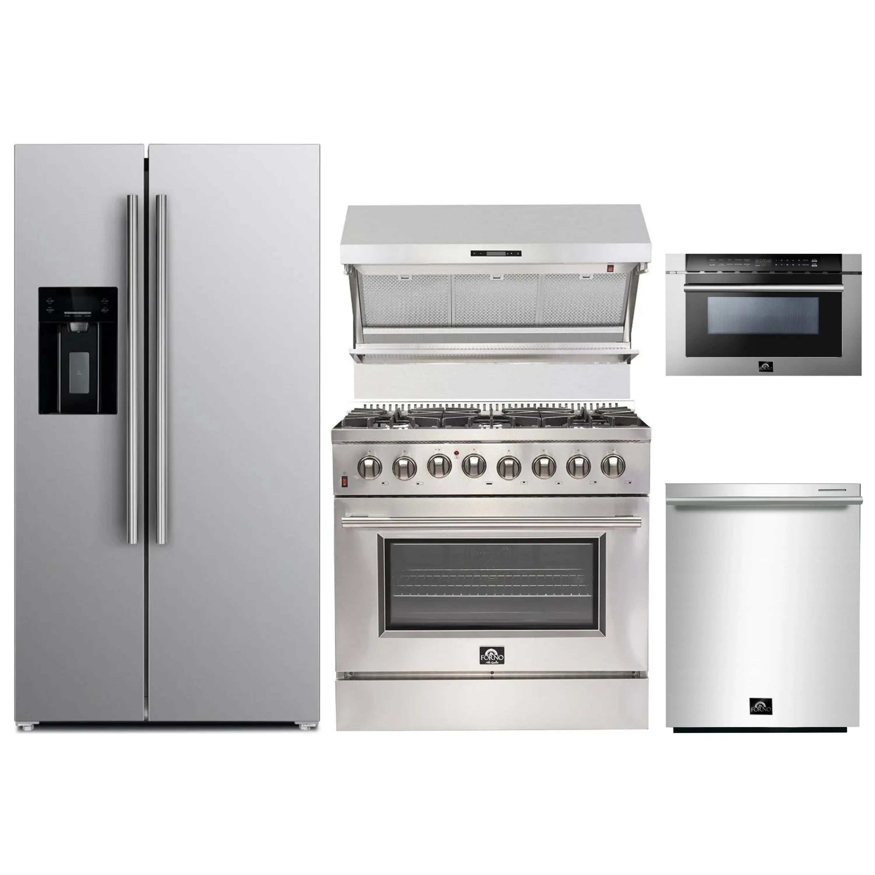 Stainless steel appliance set with refrigerator, dual fuel range, and wall oven