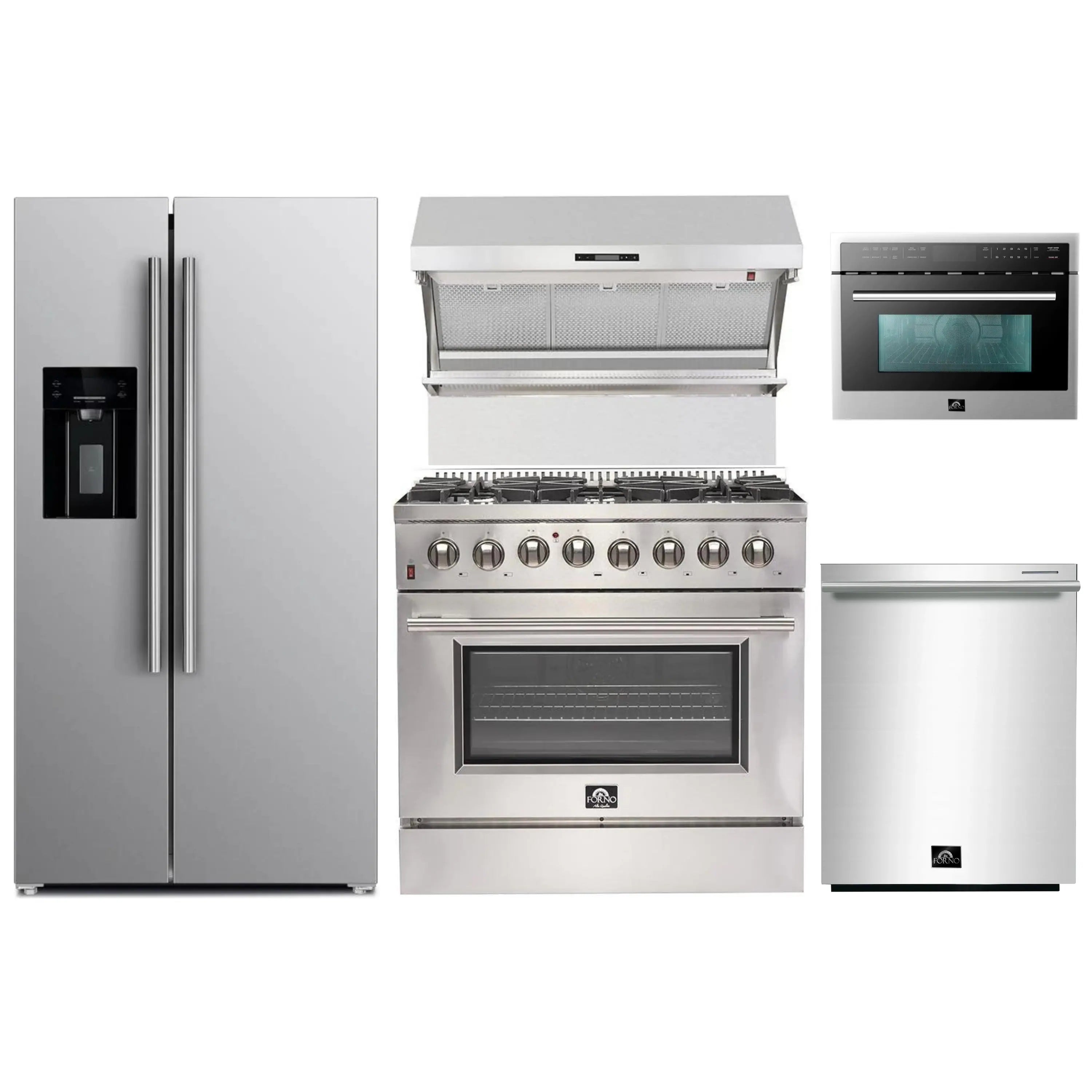 Stainless steel 5-piece appliance package with fridge, range, microwave, hood, dishwasher