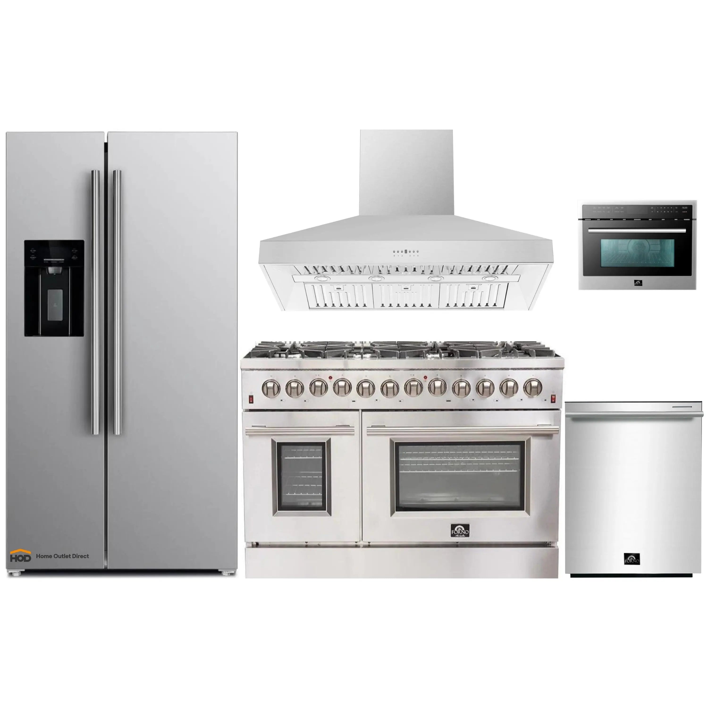 Stainless steel kitchen appliance set with range, refrigerator, microwave, hood, and dish