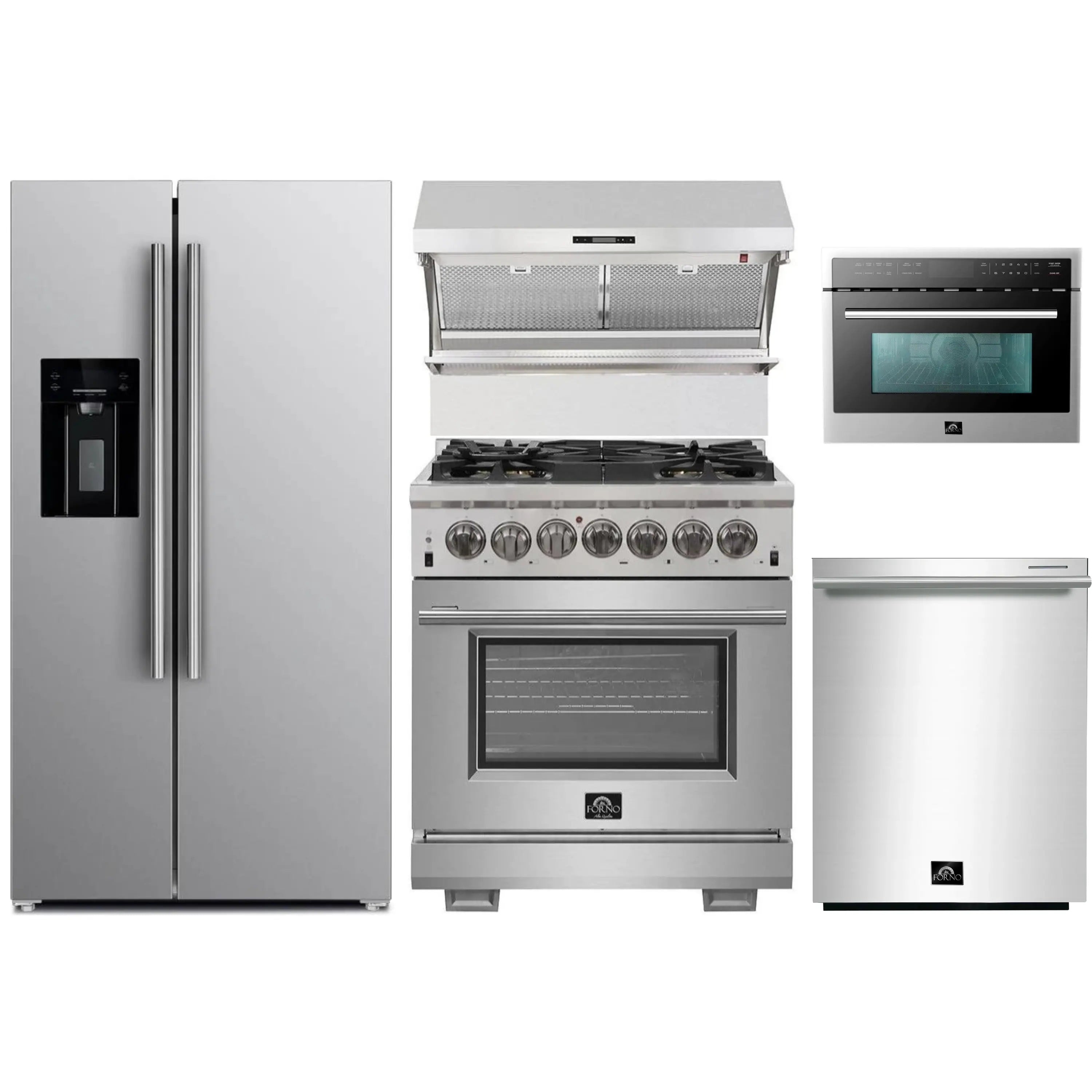 Stainless steel kitchen appliance set with refrigerator, dual fuel range, and microwave