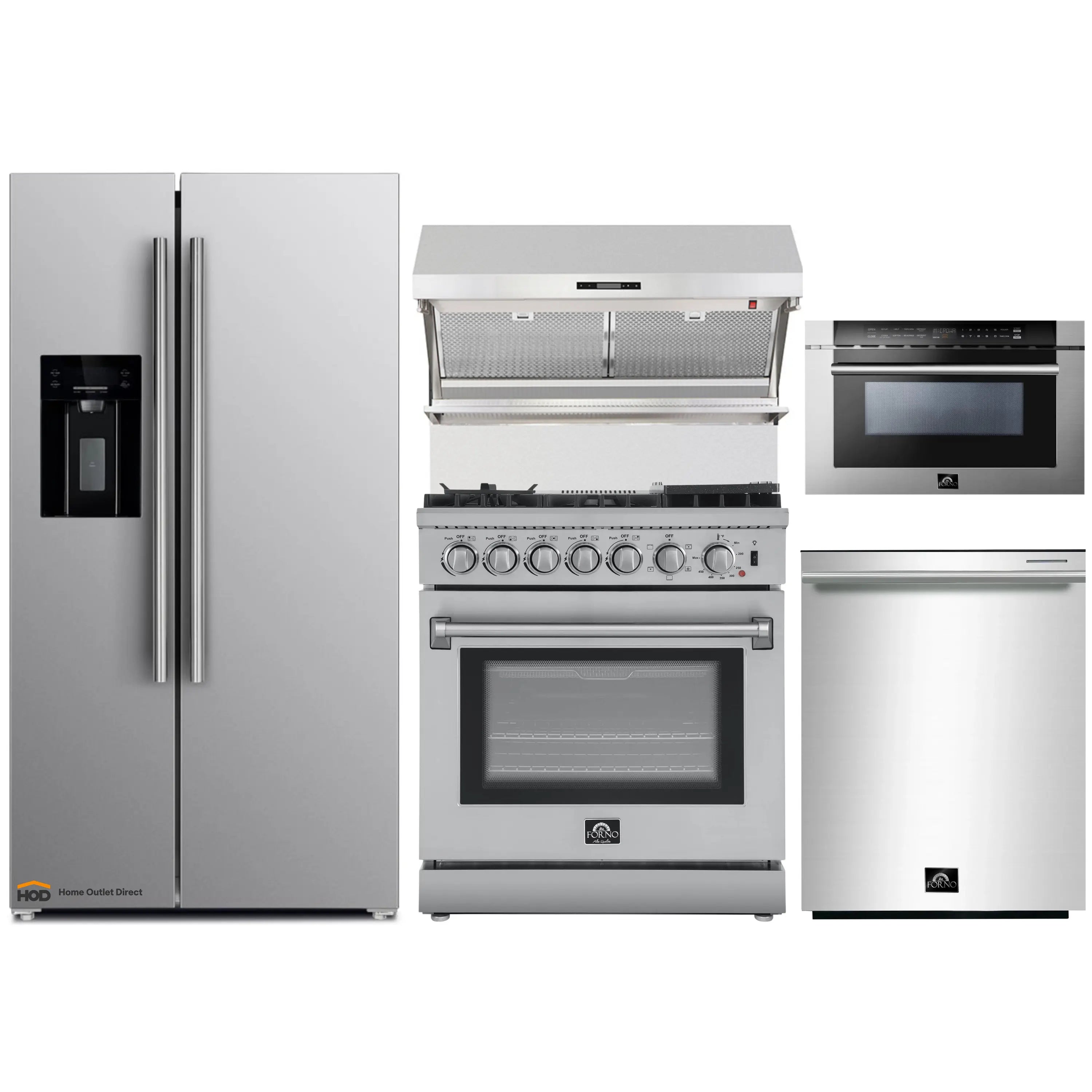 Stainless steel appliance set with range, refrigerator, hood, microwave, dishwasher