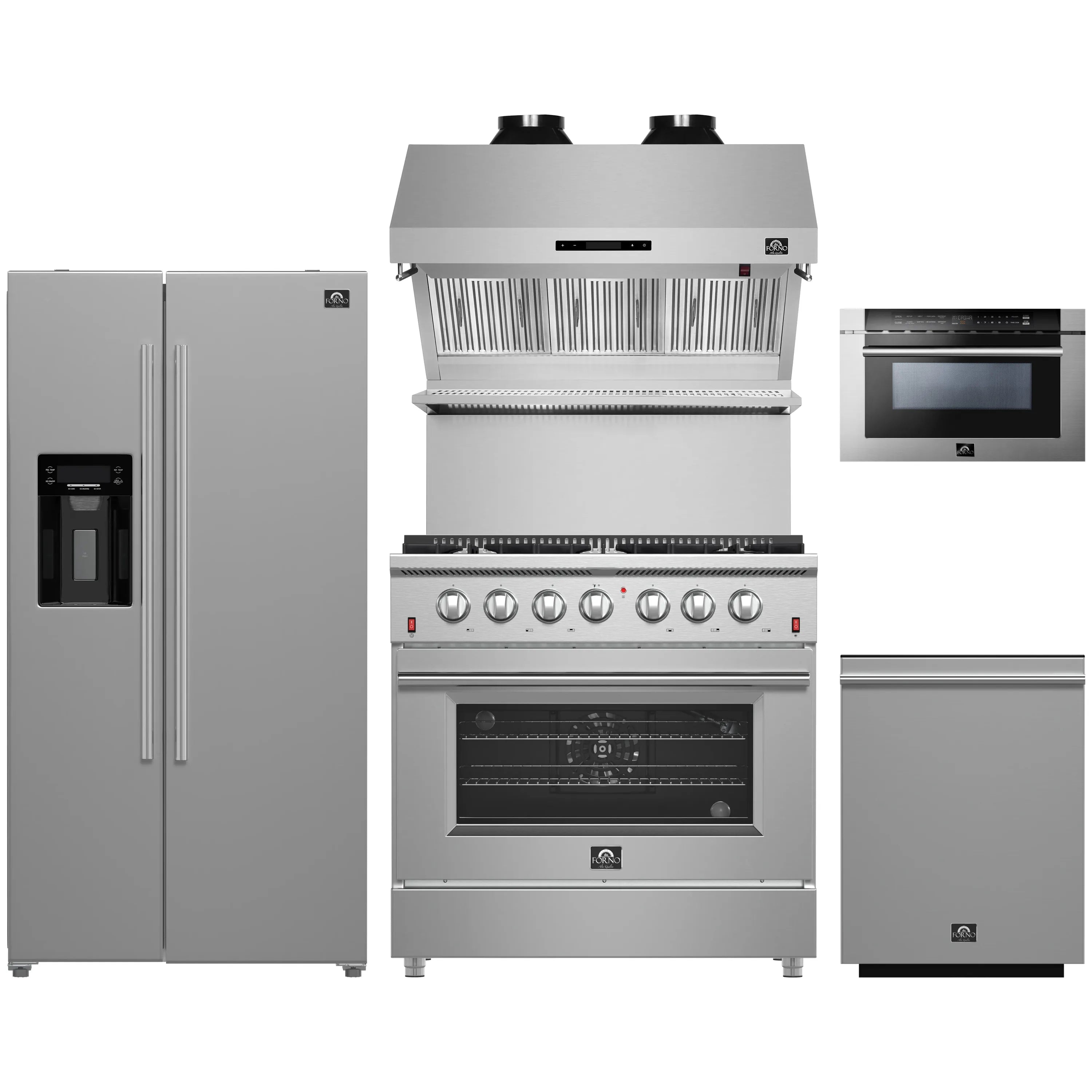 Forno 5-Piece Appliance Package - 36-Inch Gas Range, Refrigerator with Water Dispenser, Wall Mount Hood with Backsplash, 24-Inch Microwave Drawer, & 3-Rack Dishwasher in Stainless Steel