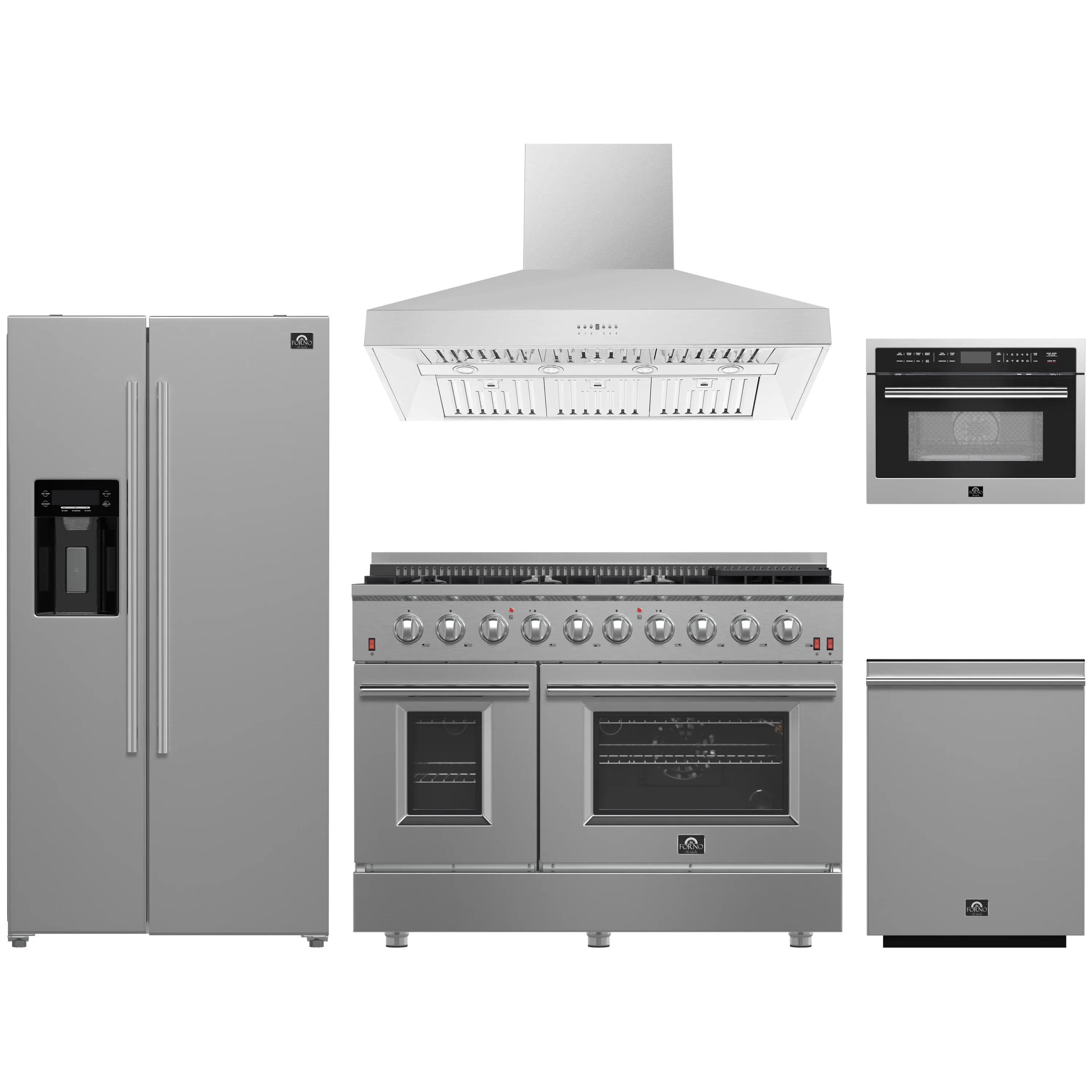 Forno 5-Piece Appliance Package - 48-Inch Gas Range, Refrigerator with Water Dispenser, Wall Mount Hood, 24-Inch Microwave Oven, & 3-Rack Dishwasher in Stainless Steel