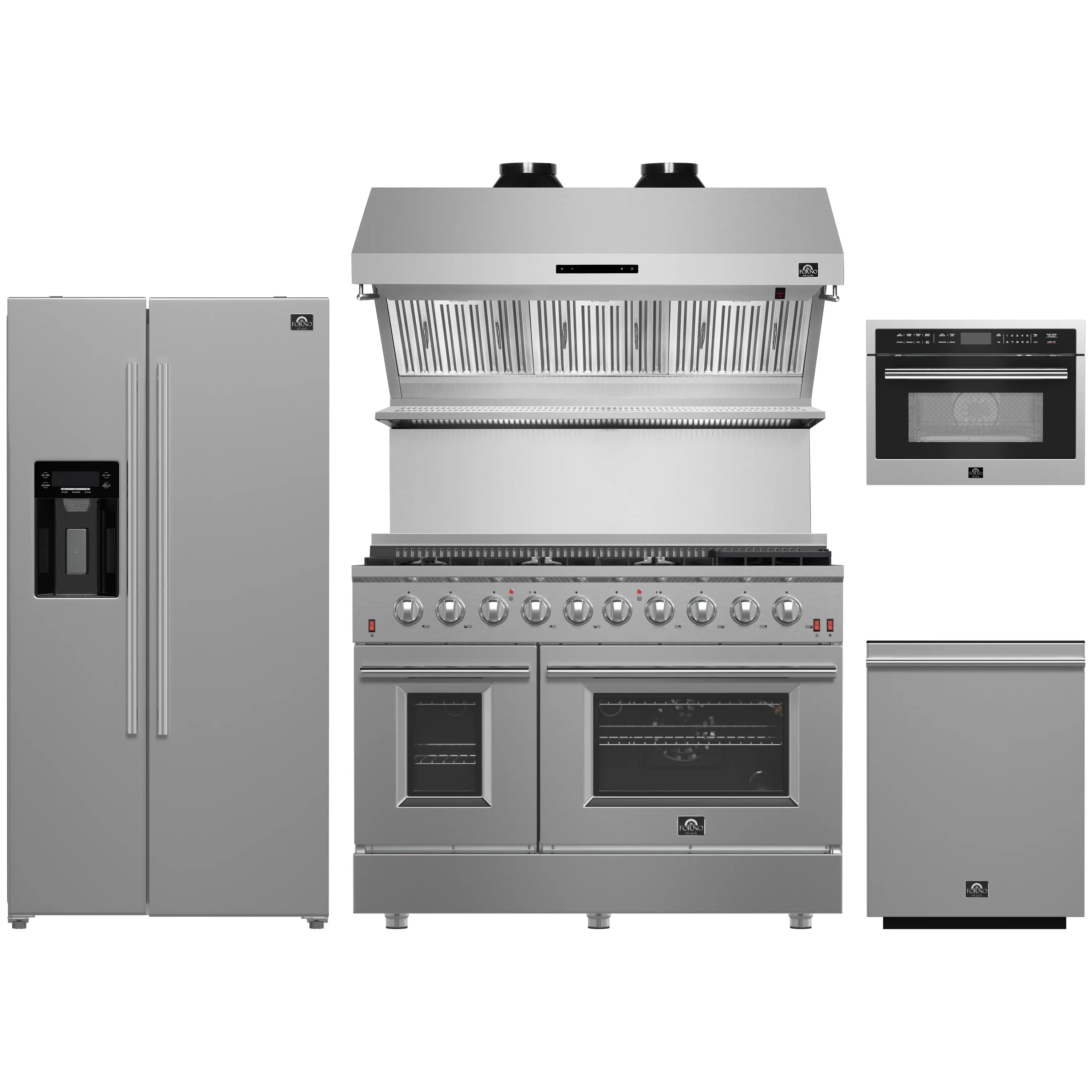 Forno 5-Piece Appliance Package - 48-Inch Gas Range, Refrigerator with Water Dispenser, Wall Mount Hood with Backsplash, 24-Inch Microwave Oven, & 3-Rack Dishwasher in Stainless Steel