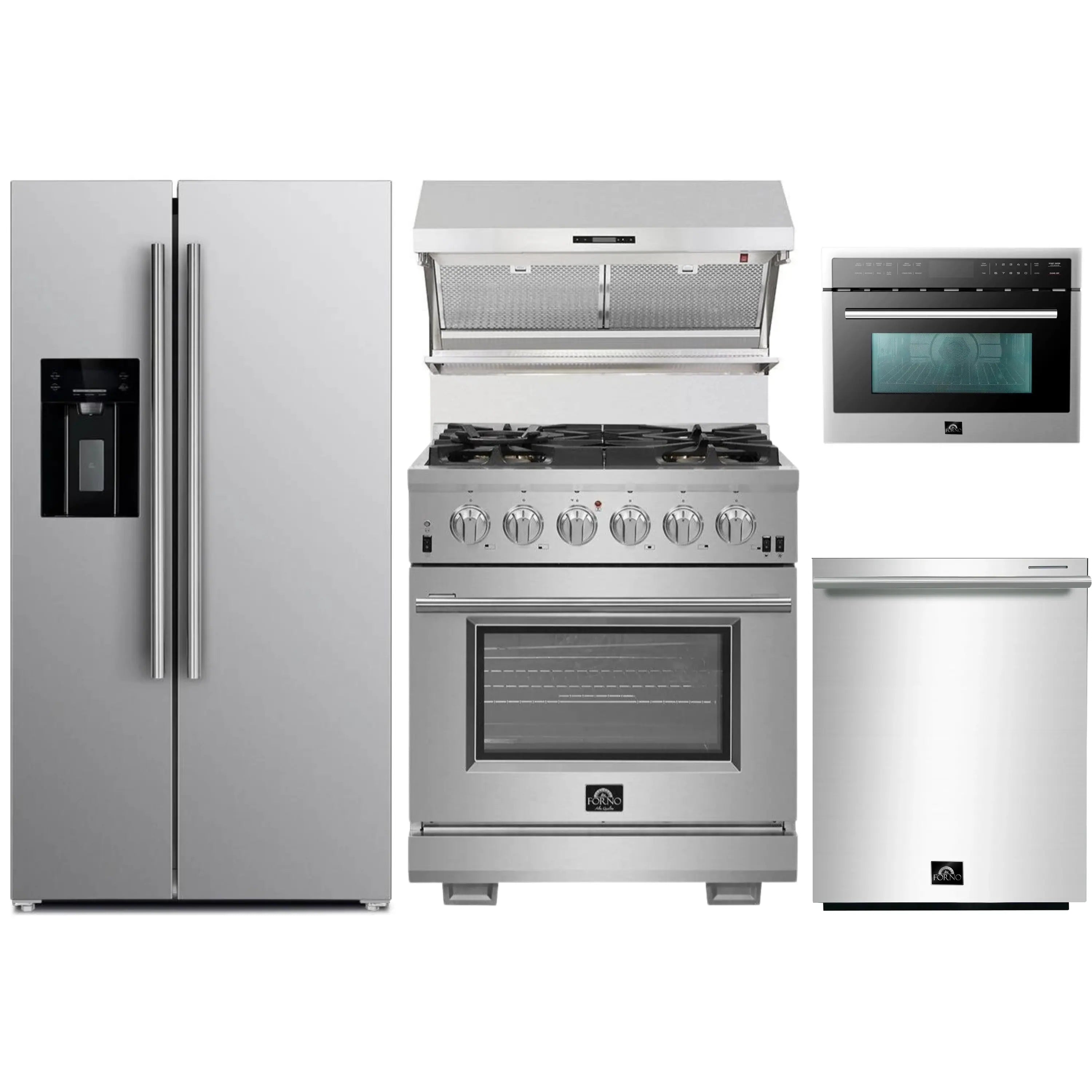 Stainless steel kitchen appliance package with gas range, microwave, refrigerator, hood, dishwasher
