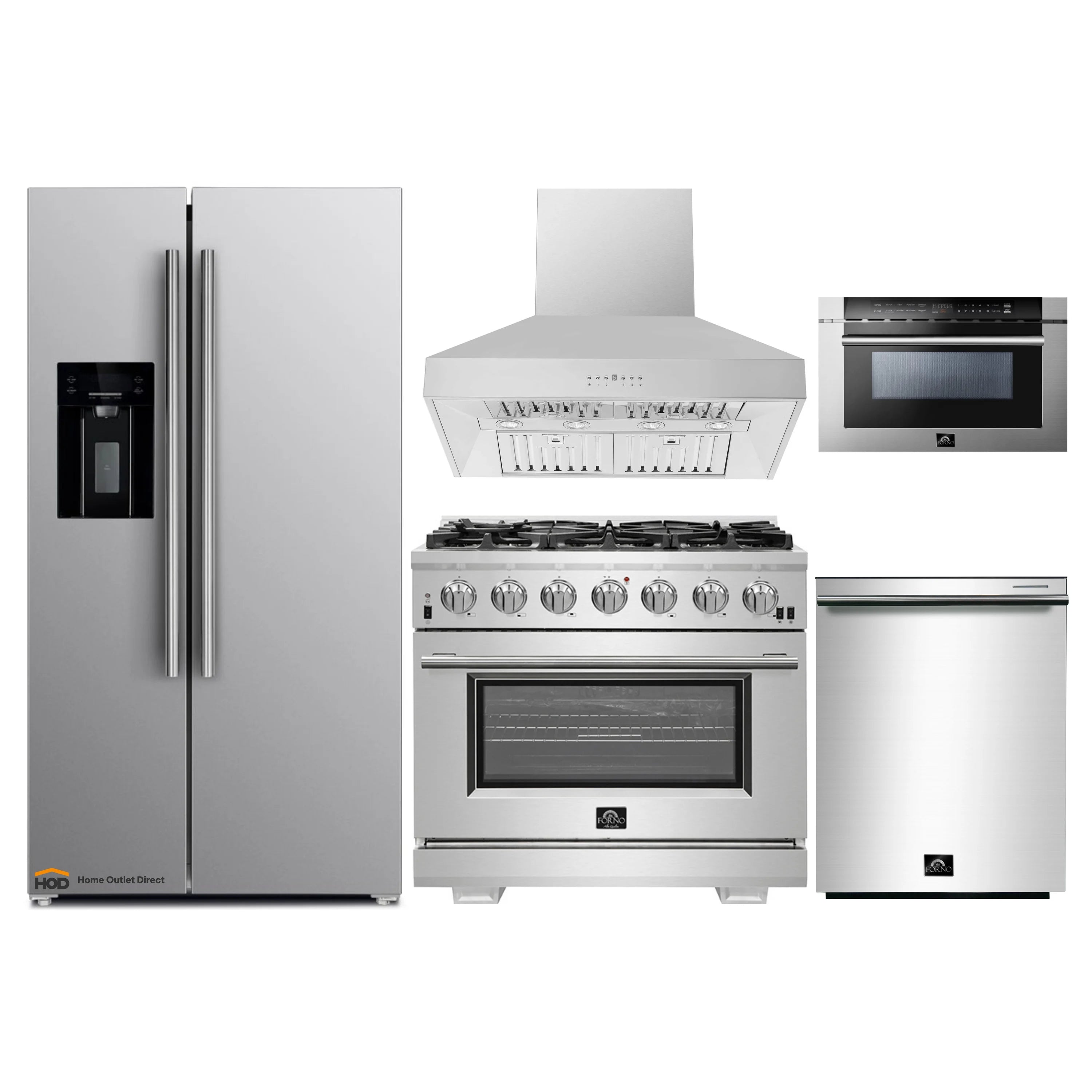 Stainless steel kitchen appliance package: refrigerator, gas range, hood, microwave, dishwasher