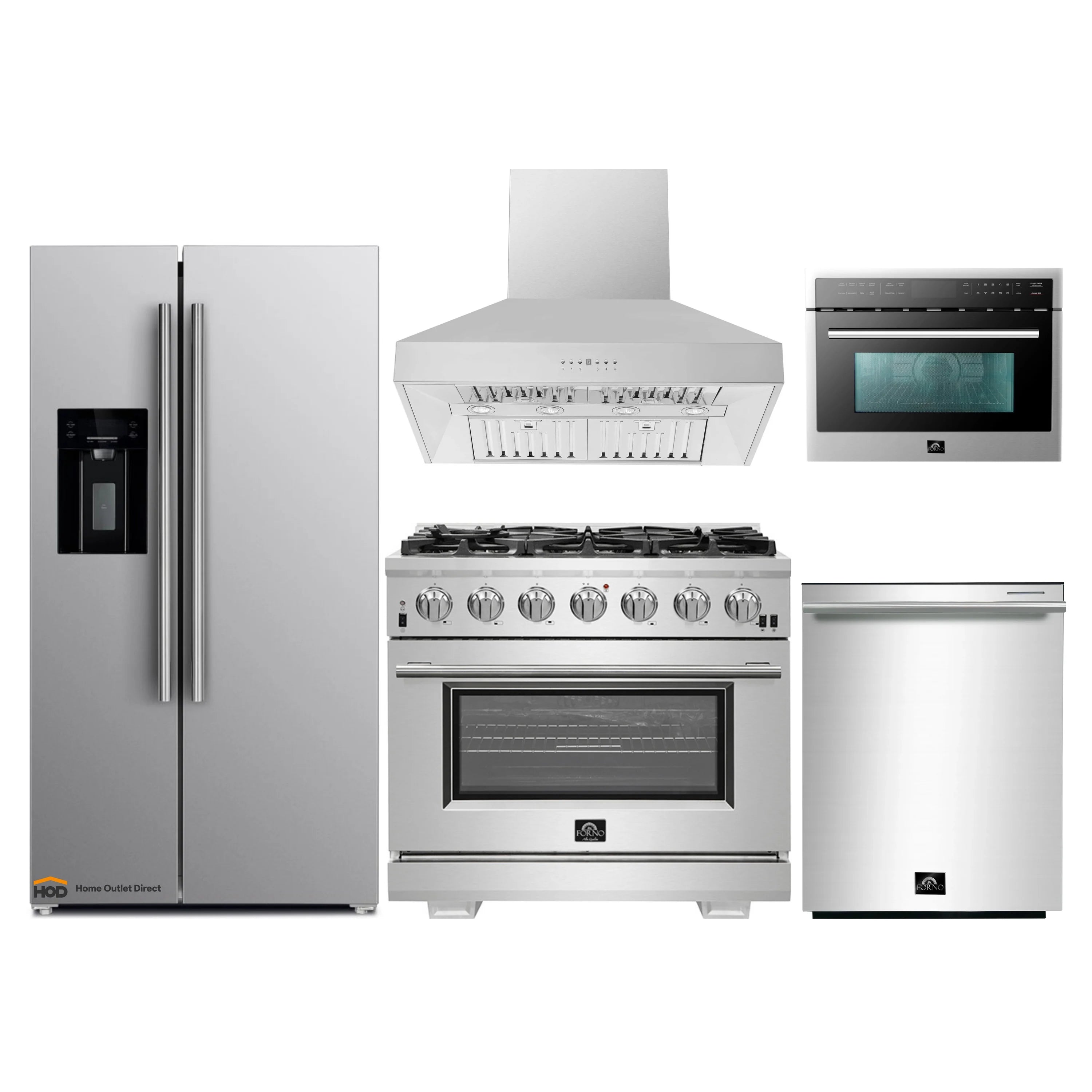 Kitchen appliance set with stainless steel range, refrigerator, hood, microwave, dishwasher