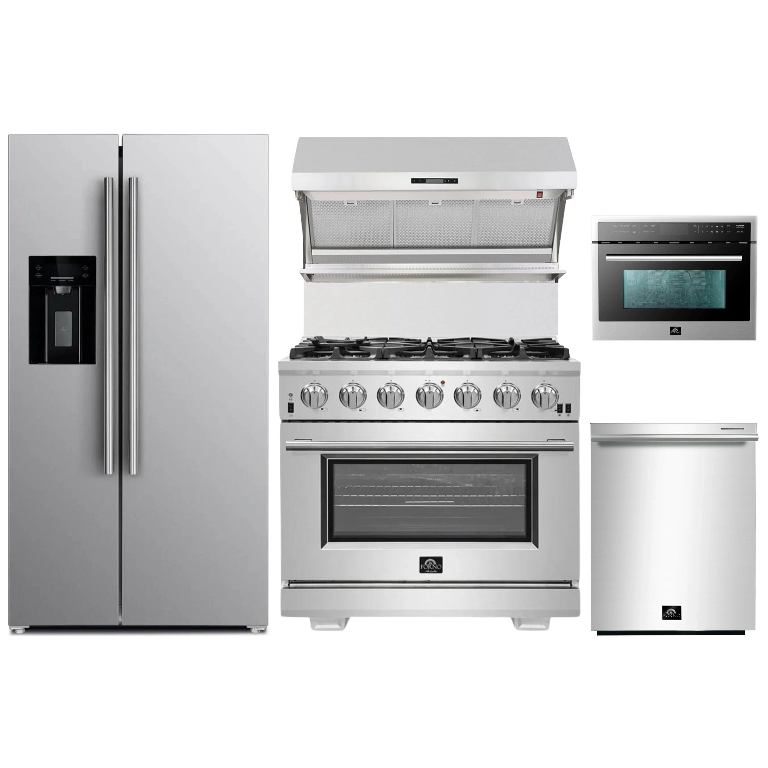 Stainless steel 5-piece appliance package with refrigerator, range, microwave, hood, dishwasher
