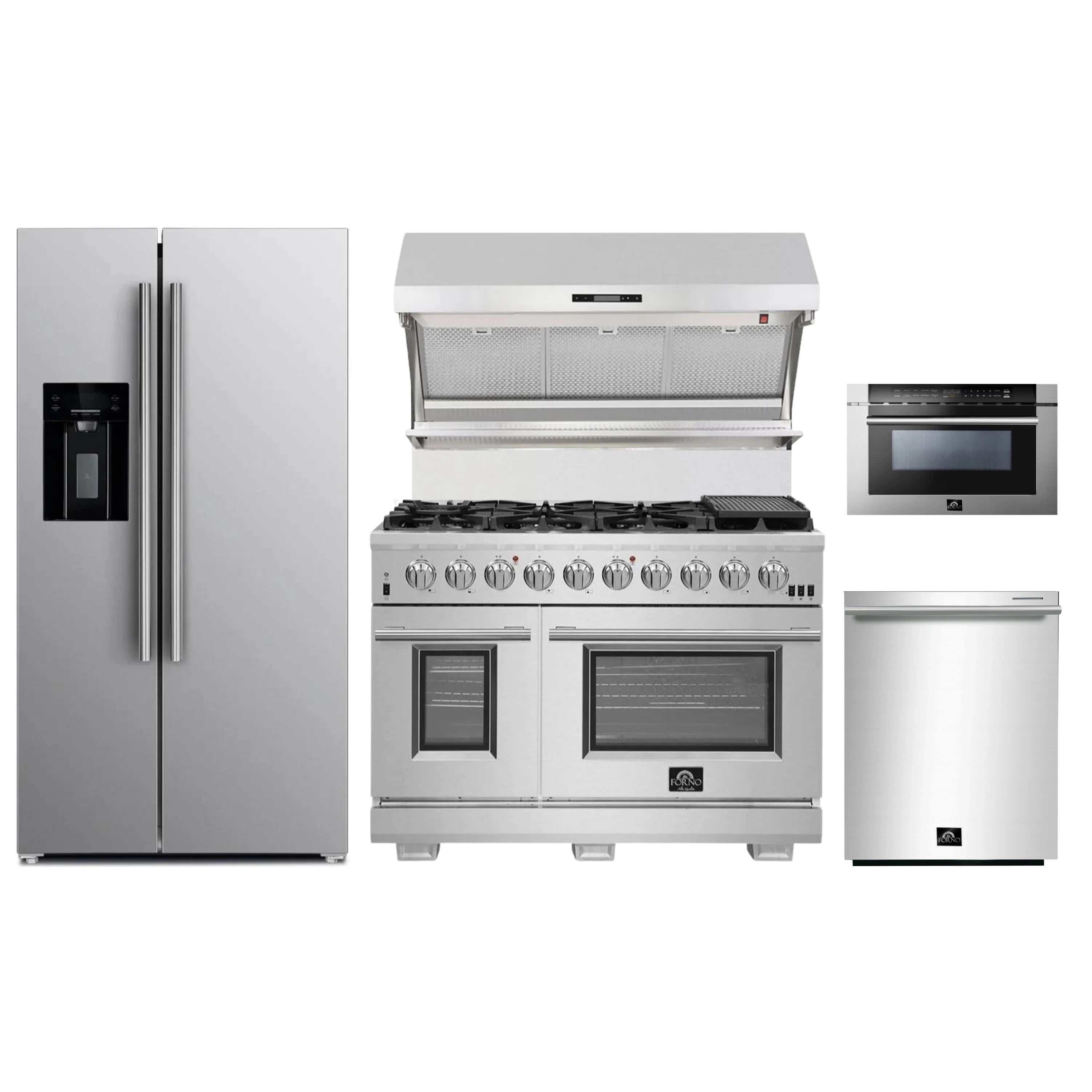 Stainless steel appliance package with refrigerator, gas range, microwave drawer, and dishwasher