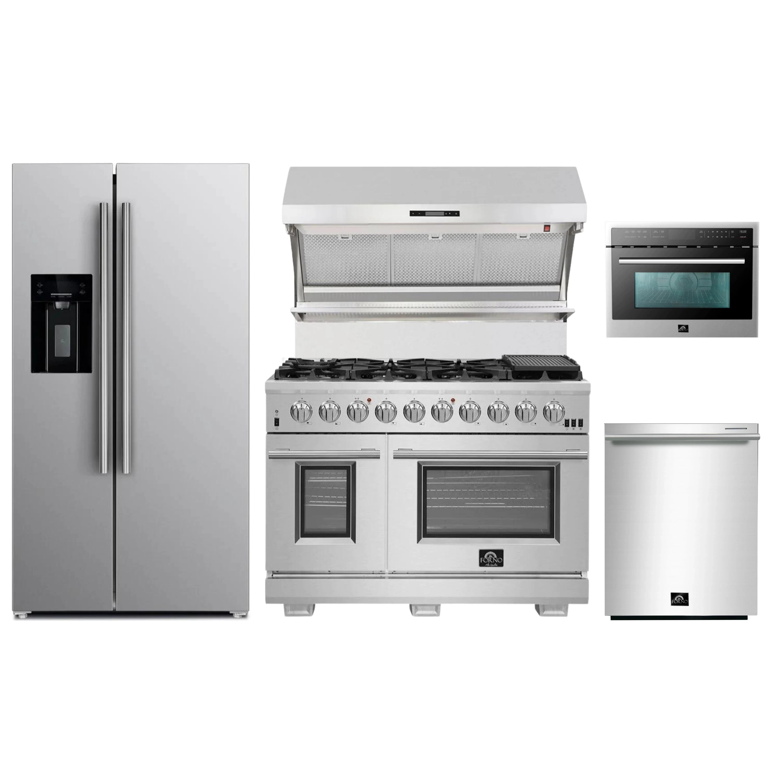 Stainless steel 5-piece appliance package with refrigerator, gas range, and microwave