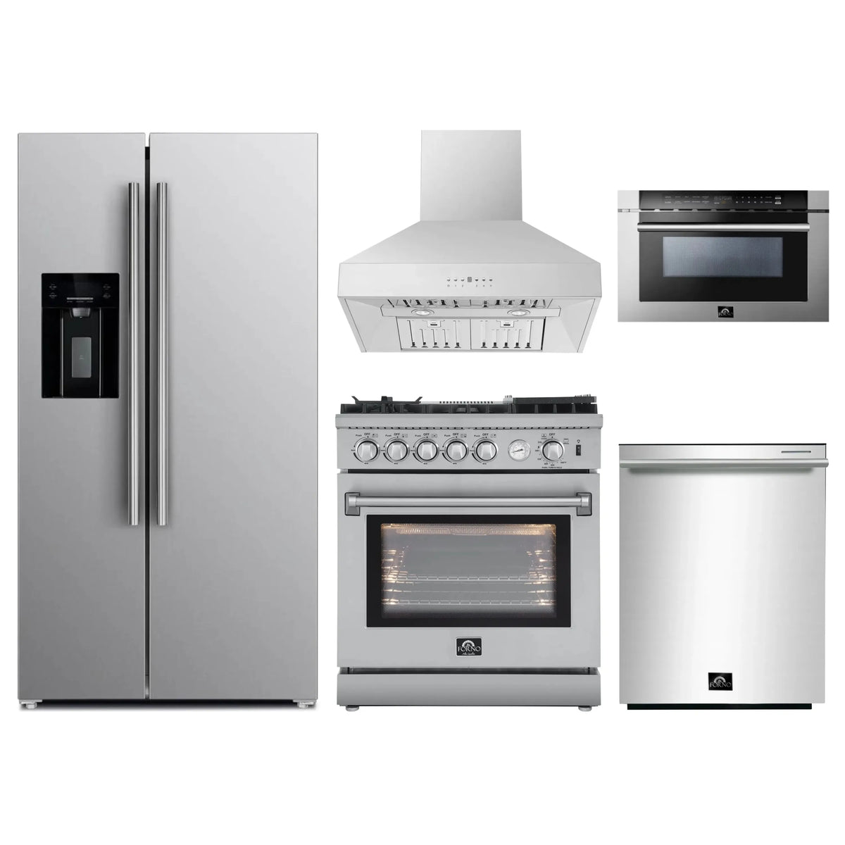 Forno 5-Piece Appliance Package - 30-Inch Gas Range with Air Fryer, Refrigerator with Water Dispenser, Wall Mount Hood, 24-Inch Microwave Drawer, & 3-Rack Dishwasher in Stainless Steel