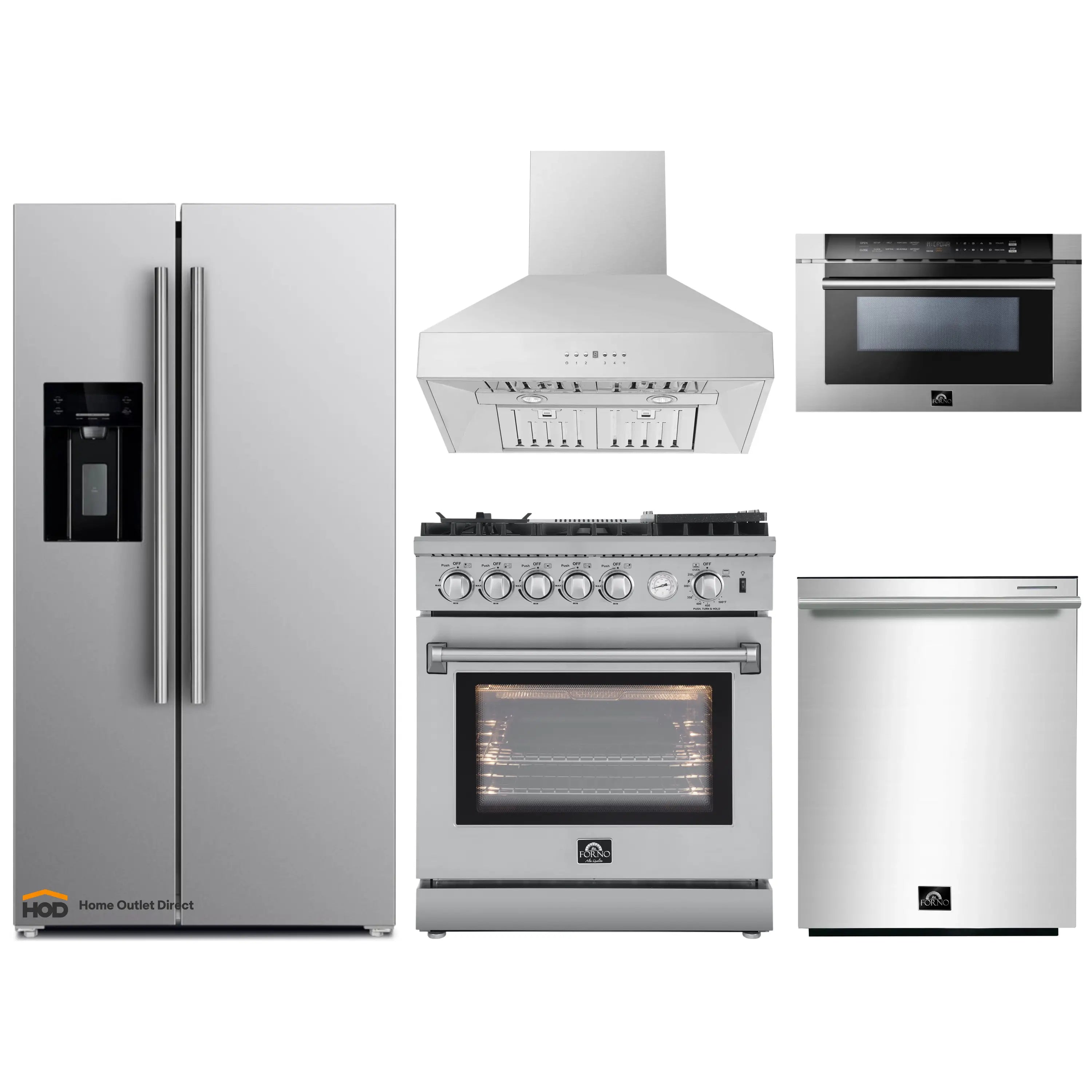 Stainless steel 5-piece appliance package with range, hood, fridge and more
